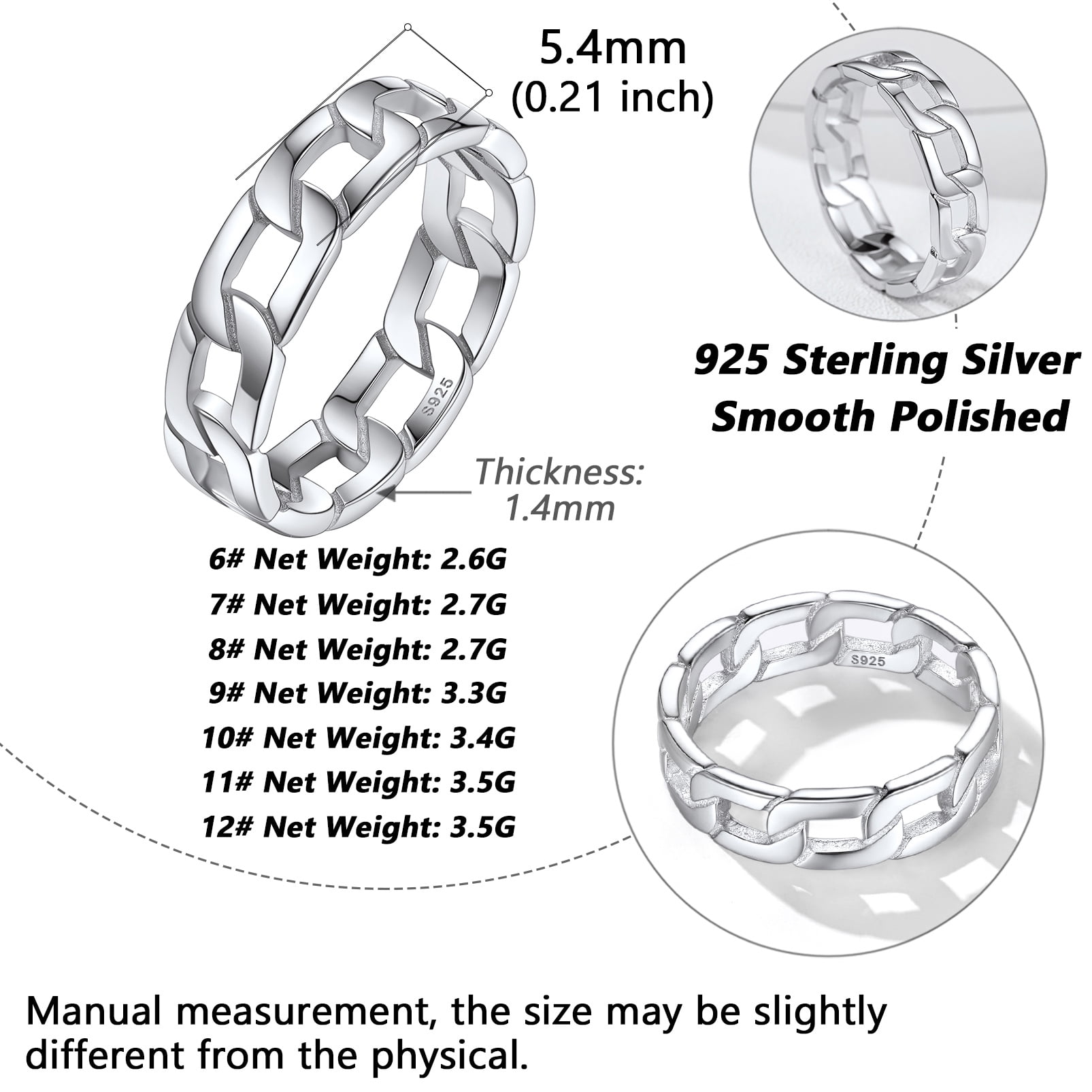Silvora 925 Sterling Silver Ring for Women Men Stacking Cuban Link Chain Rings Wedding Band Ring for Promise Engagement Size 9