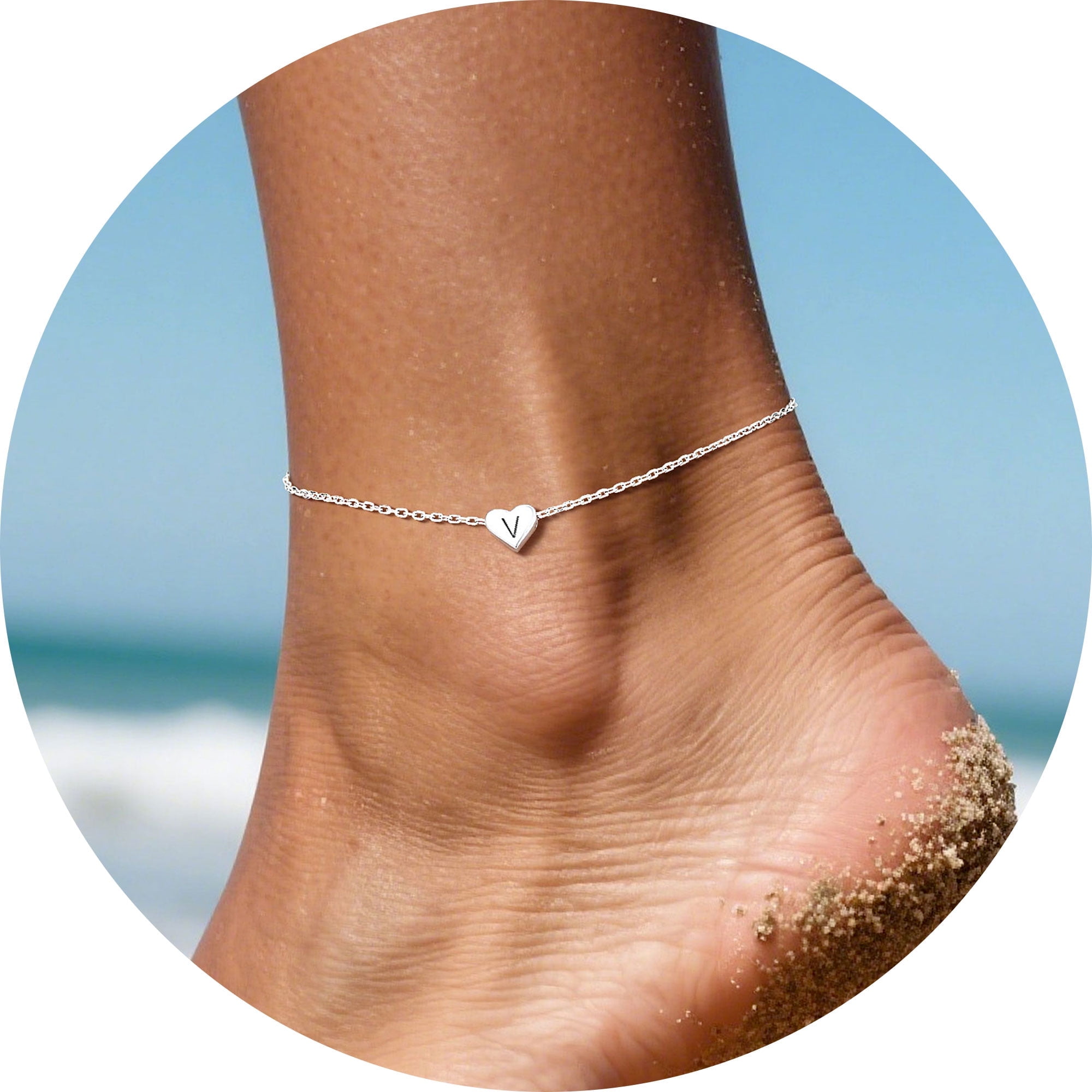 Silvora Sterling Silver Anklet Bracelets for Women, Initial Heart Anklet for Girls Letter A Foot Summer Boho Beach Jewelry Gift