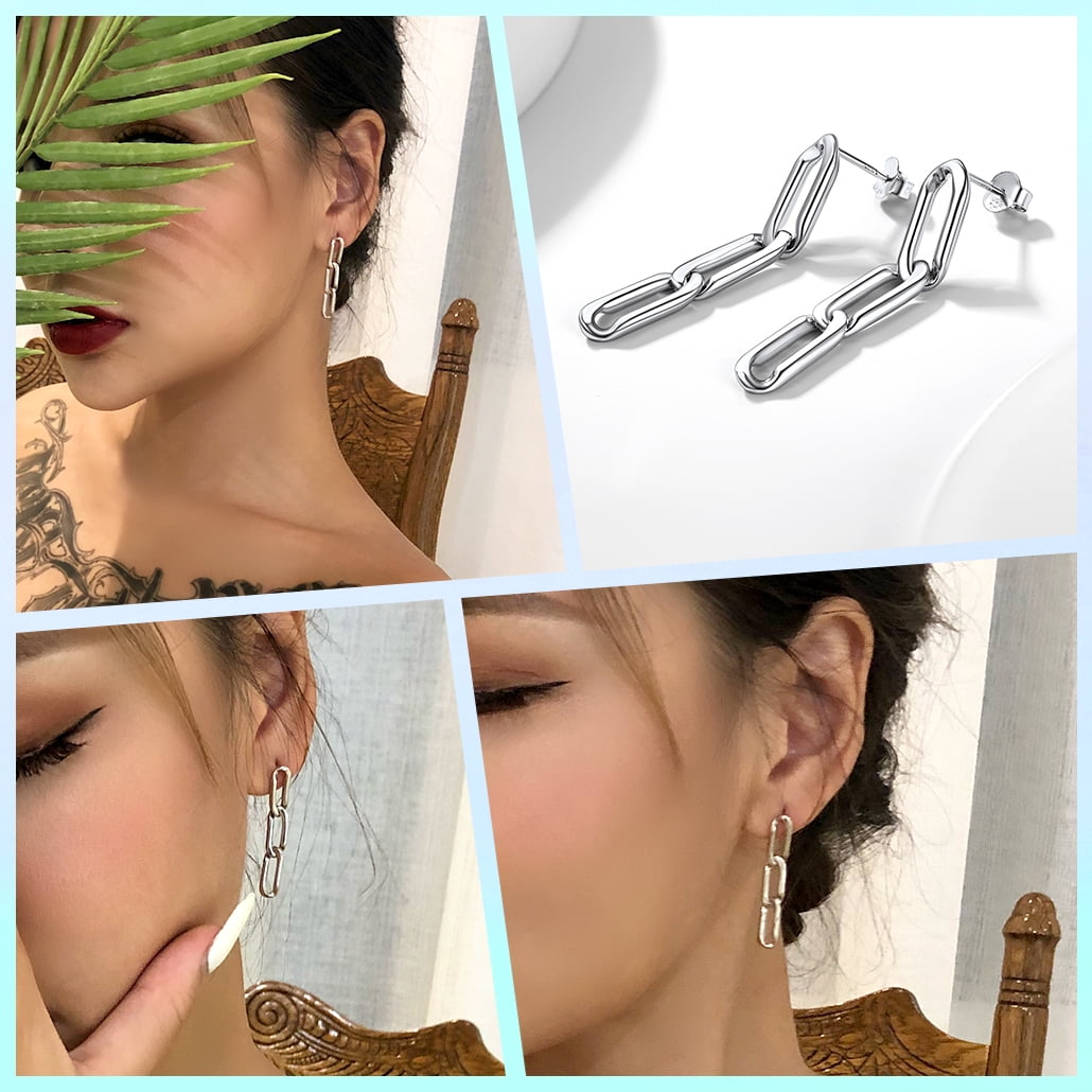 Chain Earrings for Women Solid Silver Dangling Cuban Chains Drop Ear Charms for Teen Girls