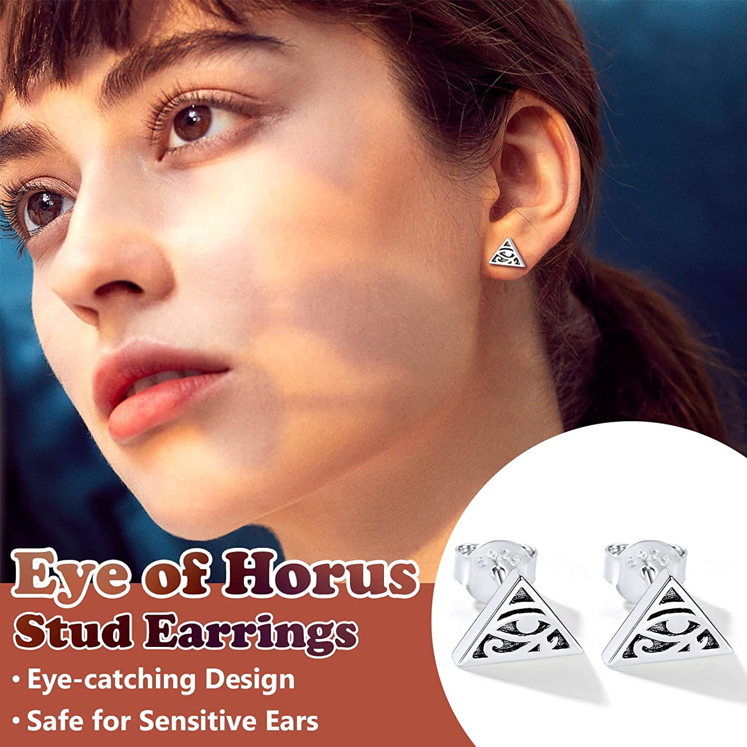 Silvora Eye Of Horus Stud Earrings Egyptian Pyramid Luck Charm 925 Sterling Silver