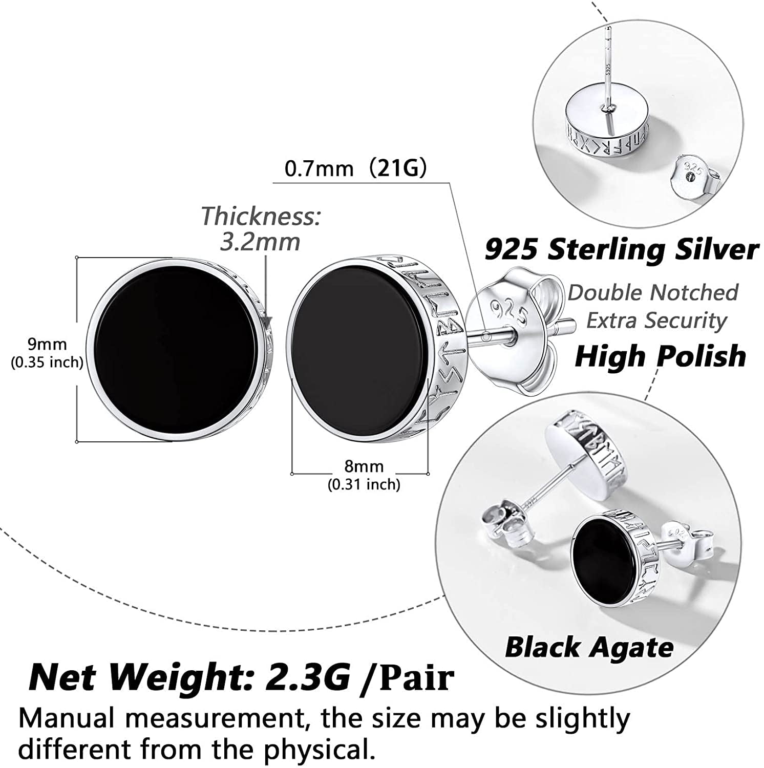 Silvora Black Onyx Round Stud Earrings 925 Sterling Silver 8MM Norse Viking Rune Jewelry Gift for Men Women - Silver