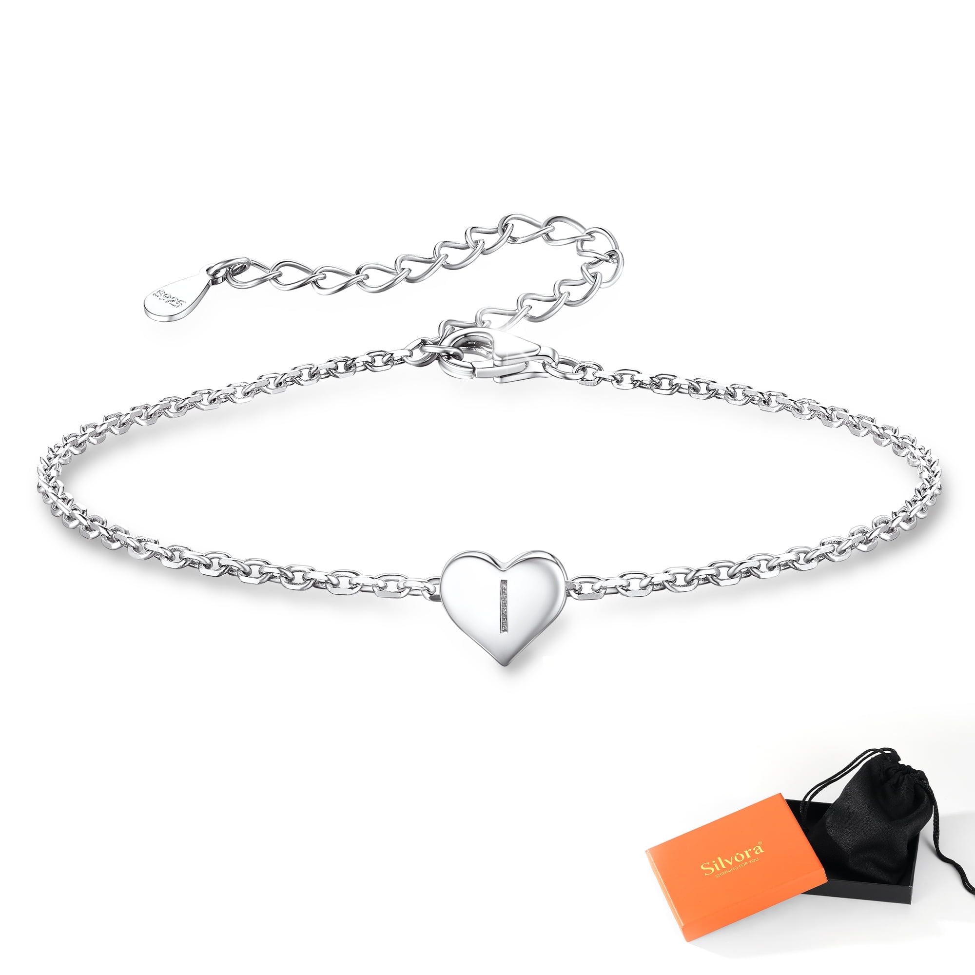 Silvora Initial Heart Bracelet Charms Bracelets 925 Sterling Silver Chain Bracelets for Women Teen Girls - Letter A