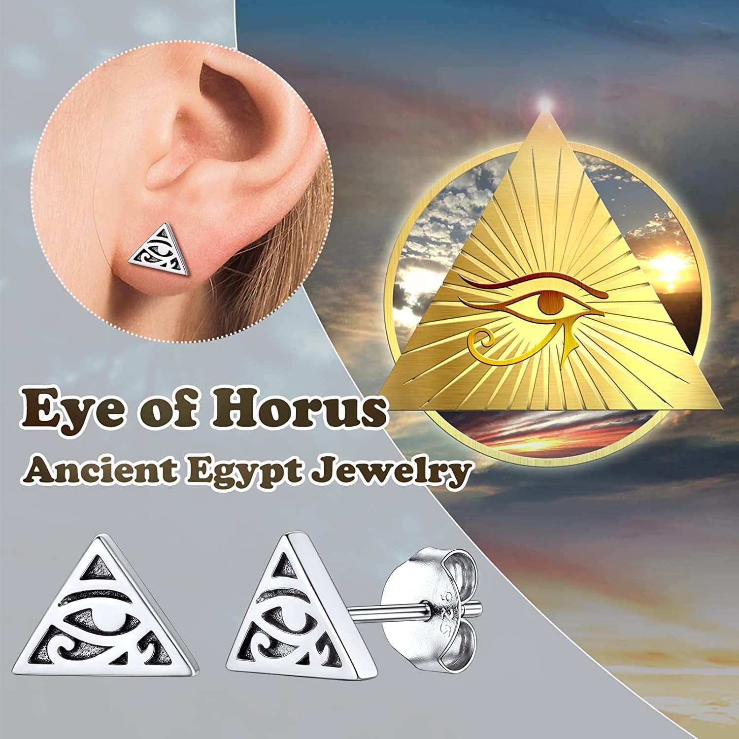 Silvora Eye Of Horus Stud Earrings Egyptian Pyramid Luck Charm 925 Sterling Silver