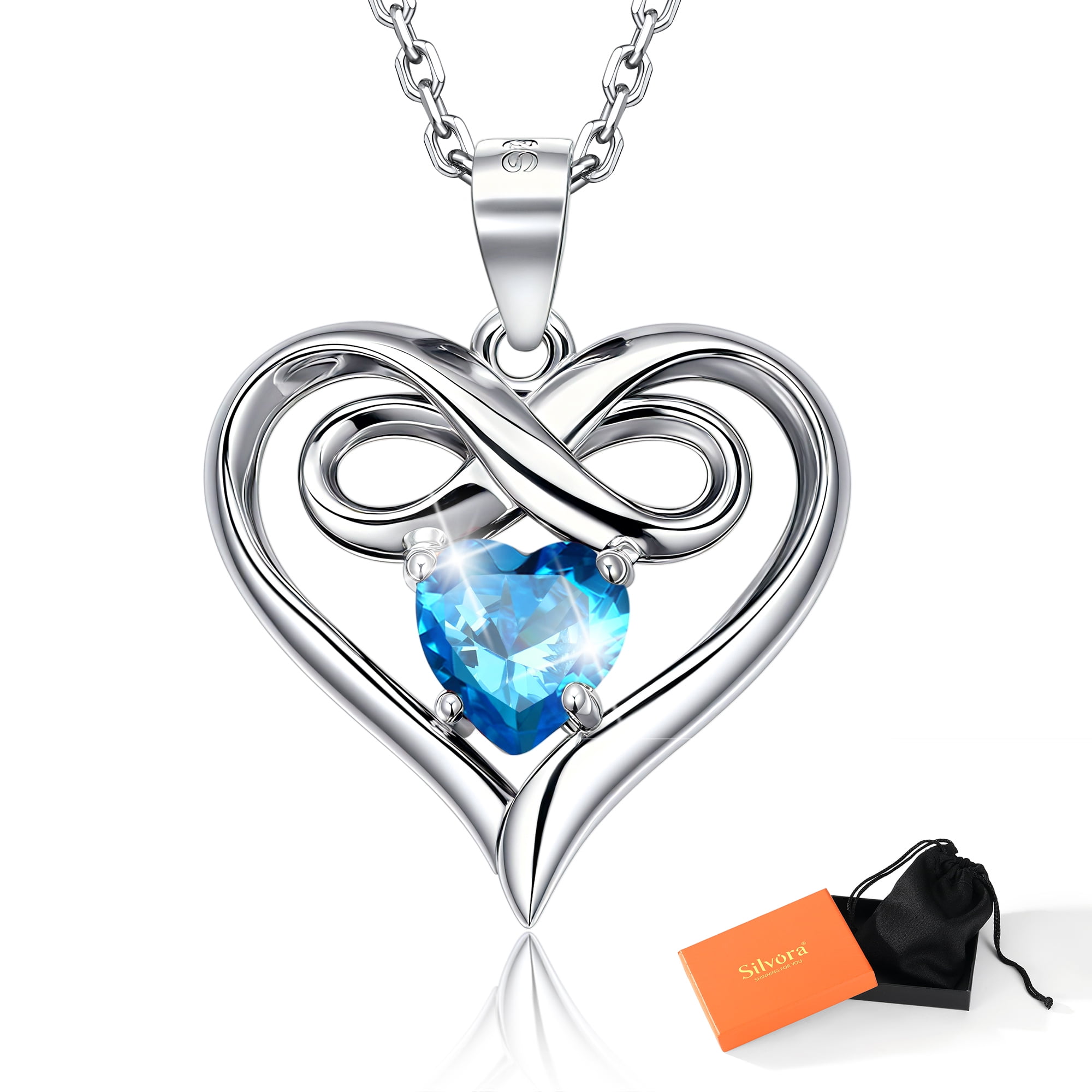 Silvora Women Heart Necklace Girls Sterling Silver Infinity Birthstone Pendant Necklace September Synthetic Sapphire Birthday Gift