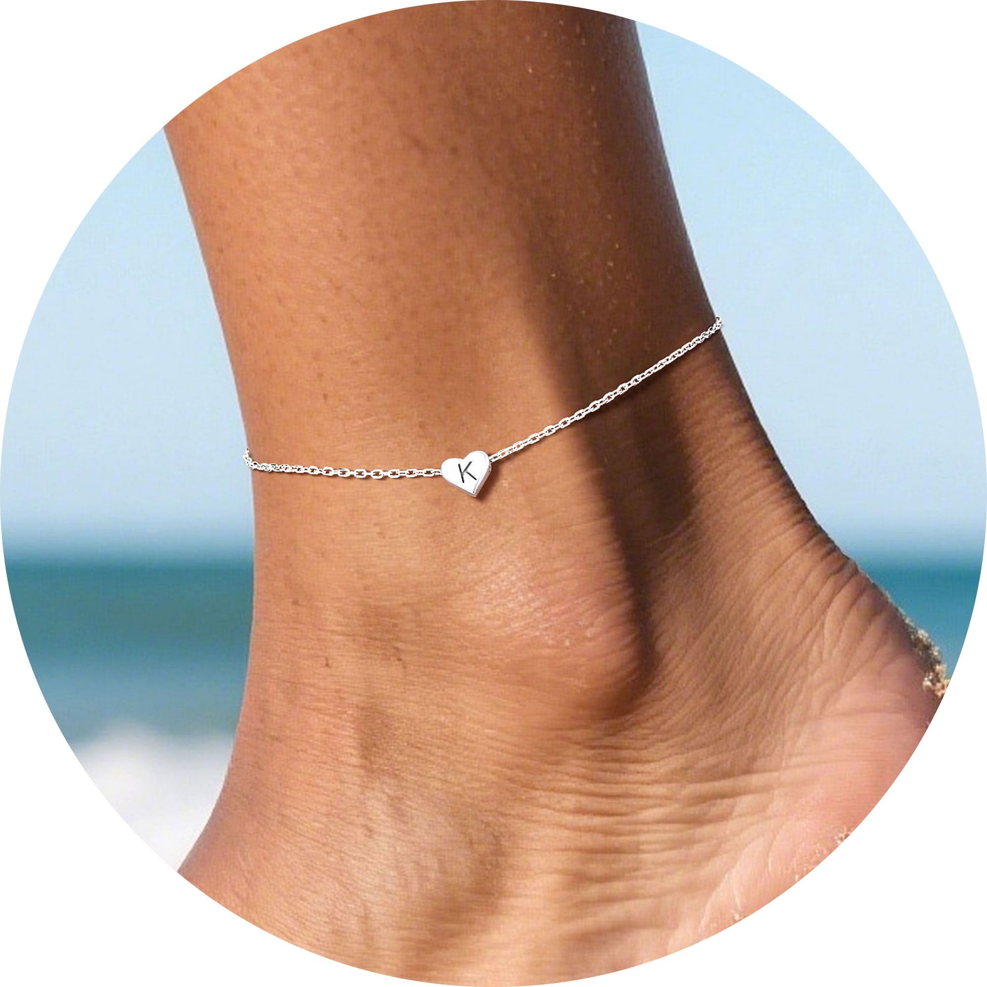 Silvora Sterling Silver Anklet Bracelets for Women, Initial Heart Anklet for Girls Letter A Foot Summer Boho Beach Jewelry Gift