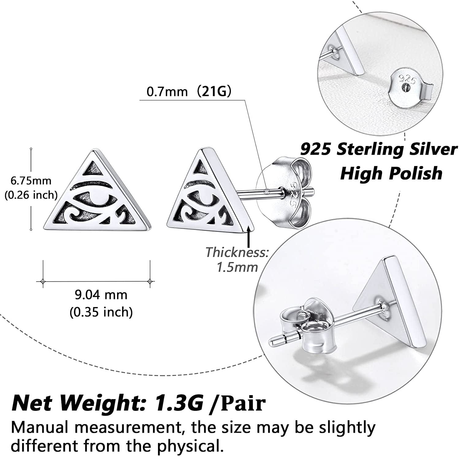 Silvora Eye Of Horus Stud Earrings Egyptian Pyramid Luck Charm 925 Sterling Silver