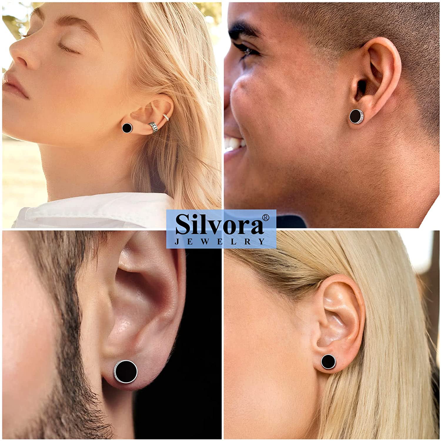 Silvora Black Onyx Round Stud Earrings 925 Sterling Silver 8MM Norse Viking Rune Jewelry Gift for Men Women - Silver
