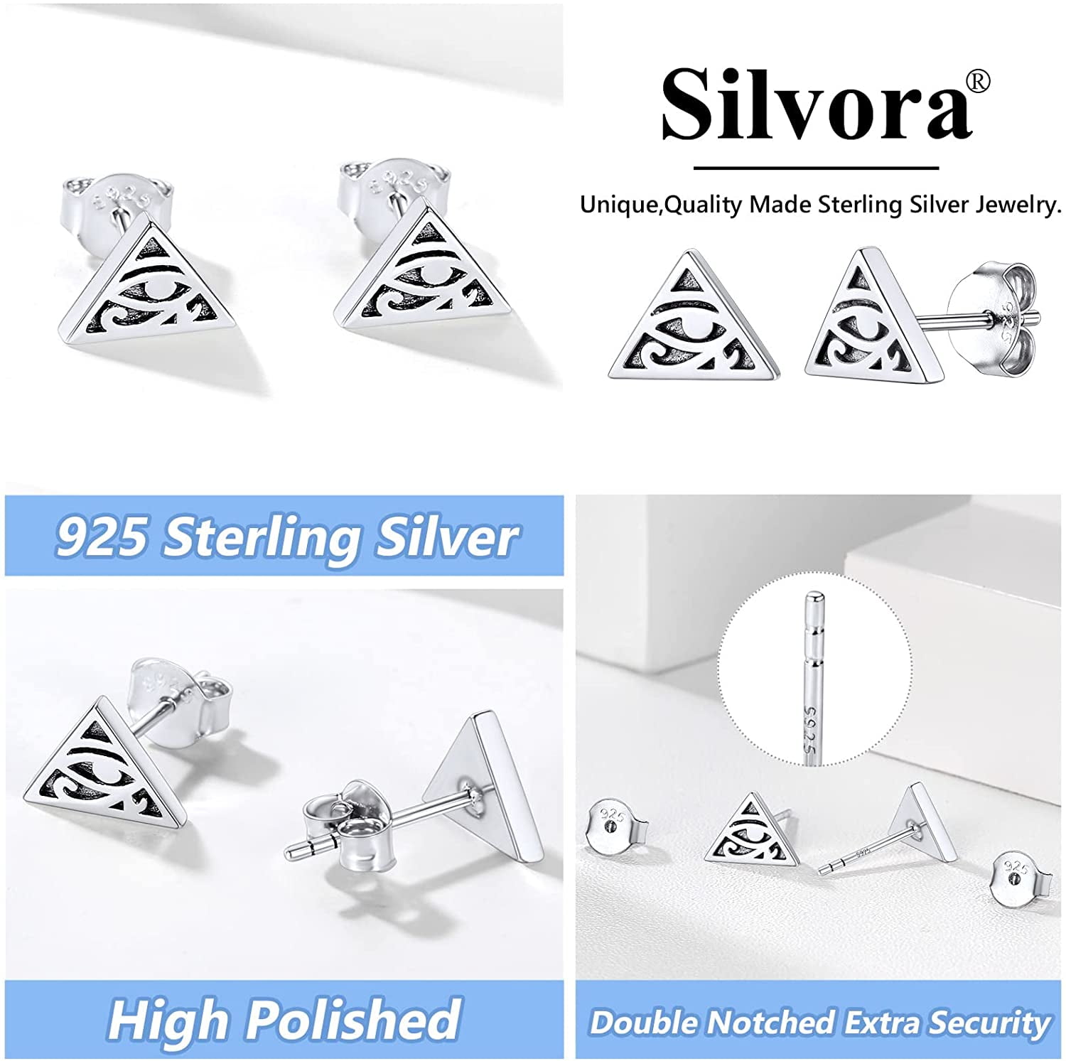 Silvora Eye Of Horus Stud Earrings Egyptian Pyramid Luck Charm 925 Sterling Silver
