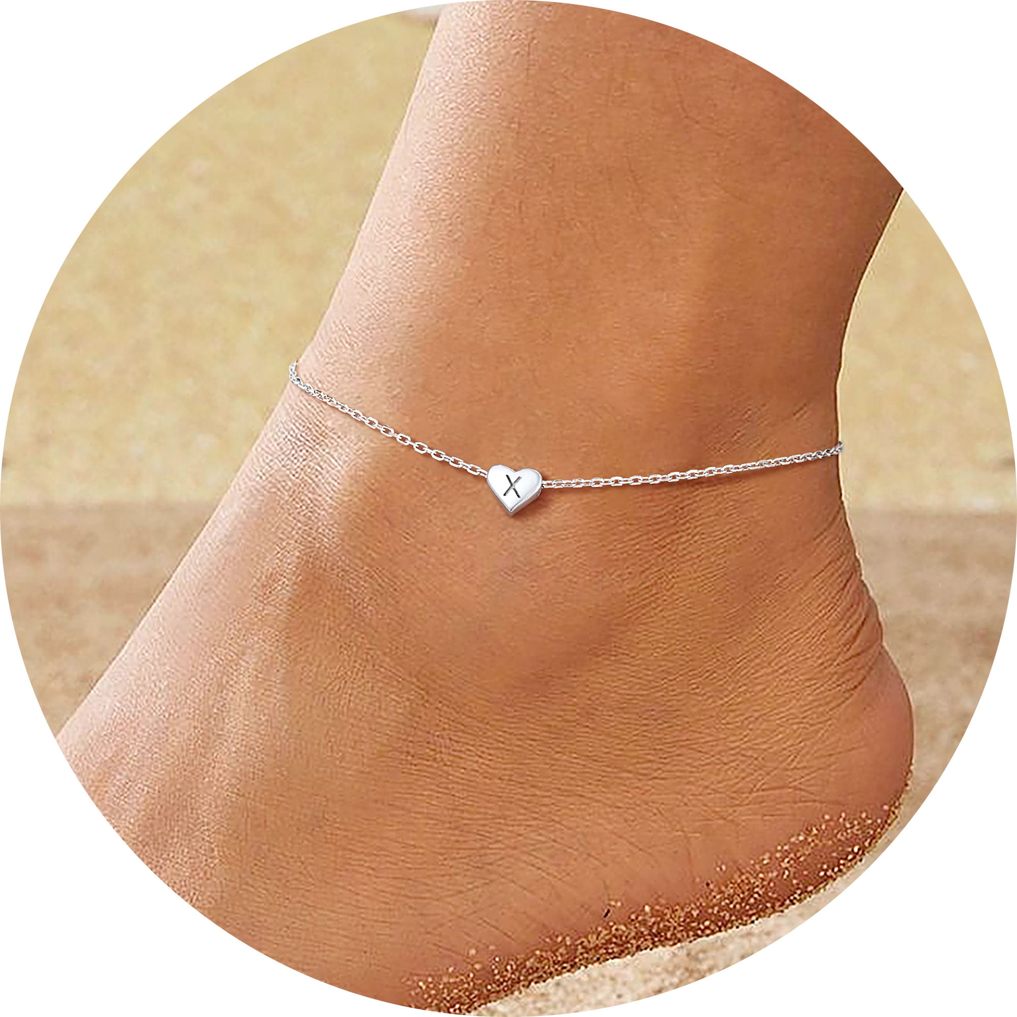 Silvora Sterling Silver Anklet Bracelets for Women, Initial Heart Anklet for Girls Letter A Foot Summer Boho Beach Jewelry Gift