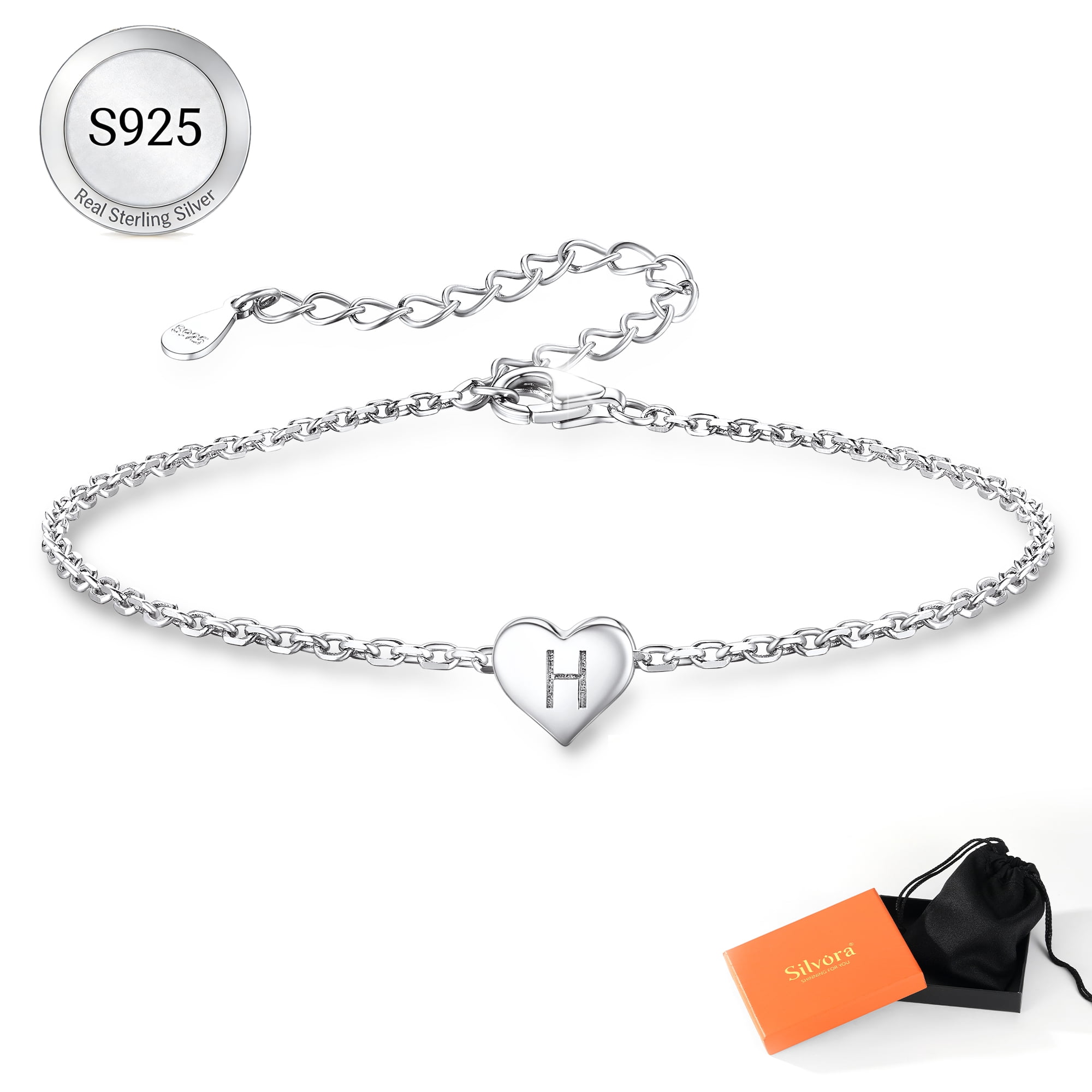 Silvora Initial Heart Bracelet Charms Bracelets 925 Sterling Silver Chain Bracelets for Women Teen Girls - Letter A