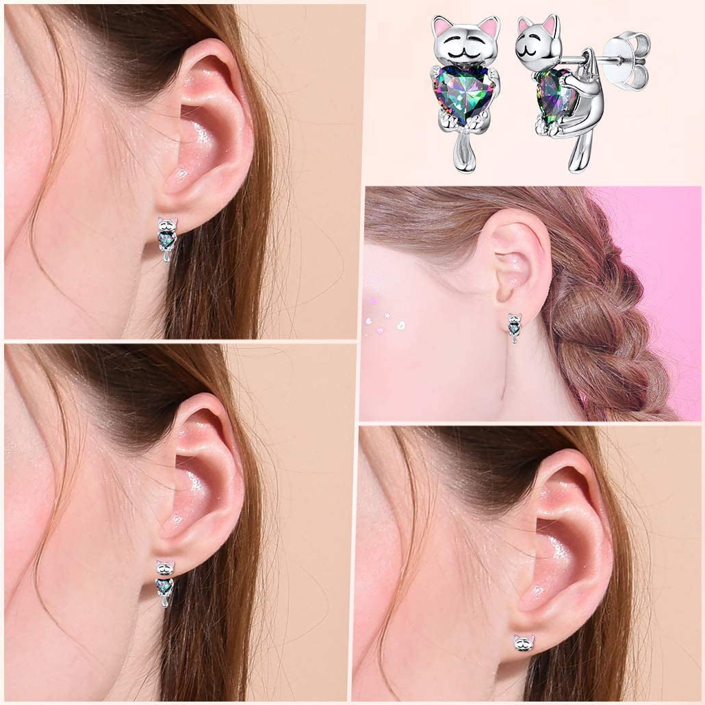 Silvora Sterling Silver Cute Cat Stud Earrings Cubic Zirconia Animal Statement Earrings Birthday Christmas Jewelry Gift for Wife Mom Daughter
