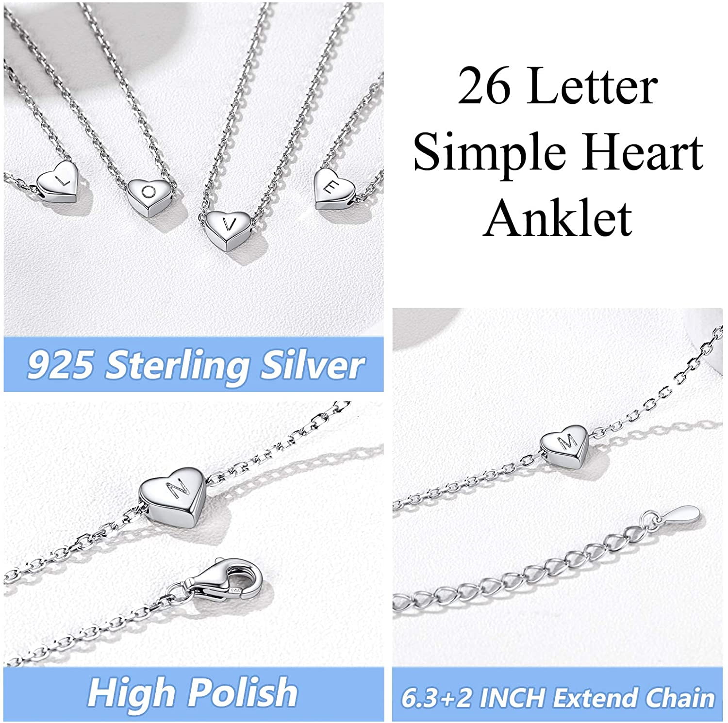 Silvora Sterling Silver Anklet Bracelets for Women, Initial Heart Anklet for Girls Letter A Foot Summer Boho Beach Jewelry Gift