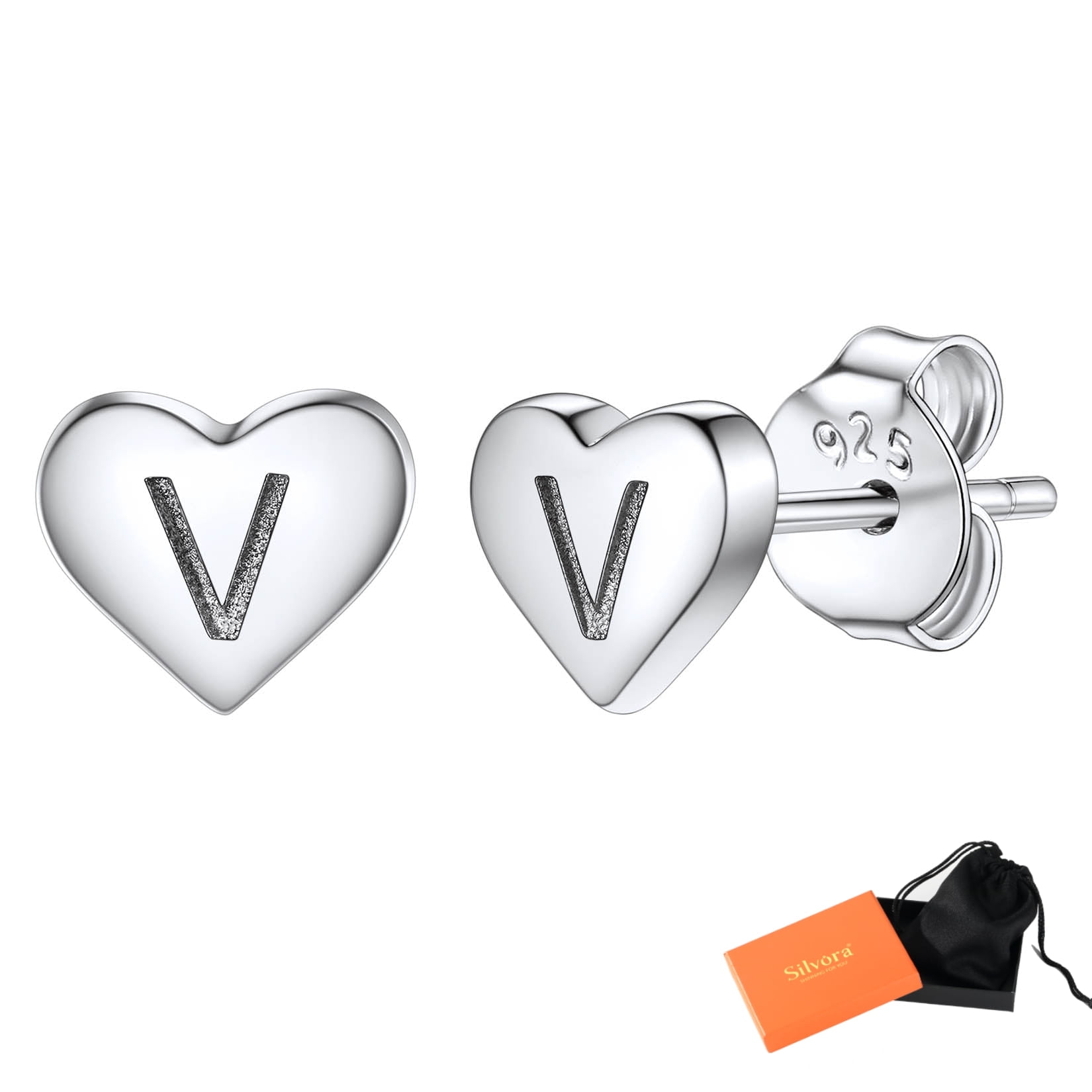 Silvora Initial Heart Earrings Hypoallergenic Sterling Silver Studs Women Tiny Letter A Ear Charms Jewelry Gift for Birthday Mother's Day
