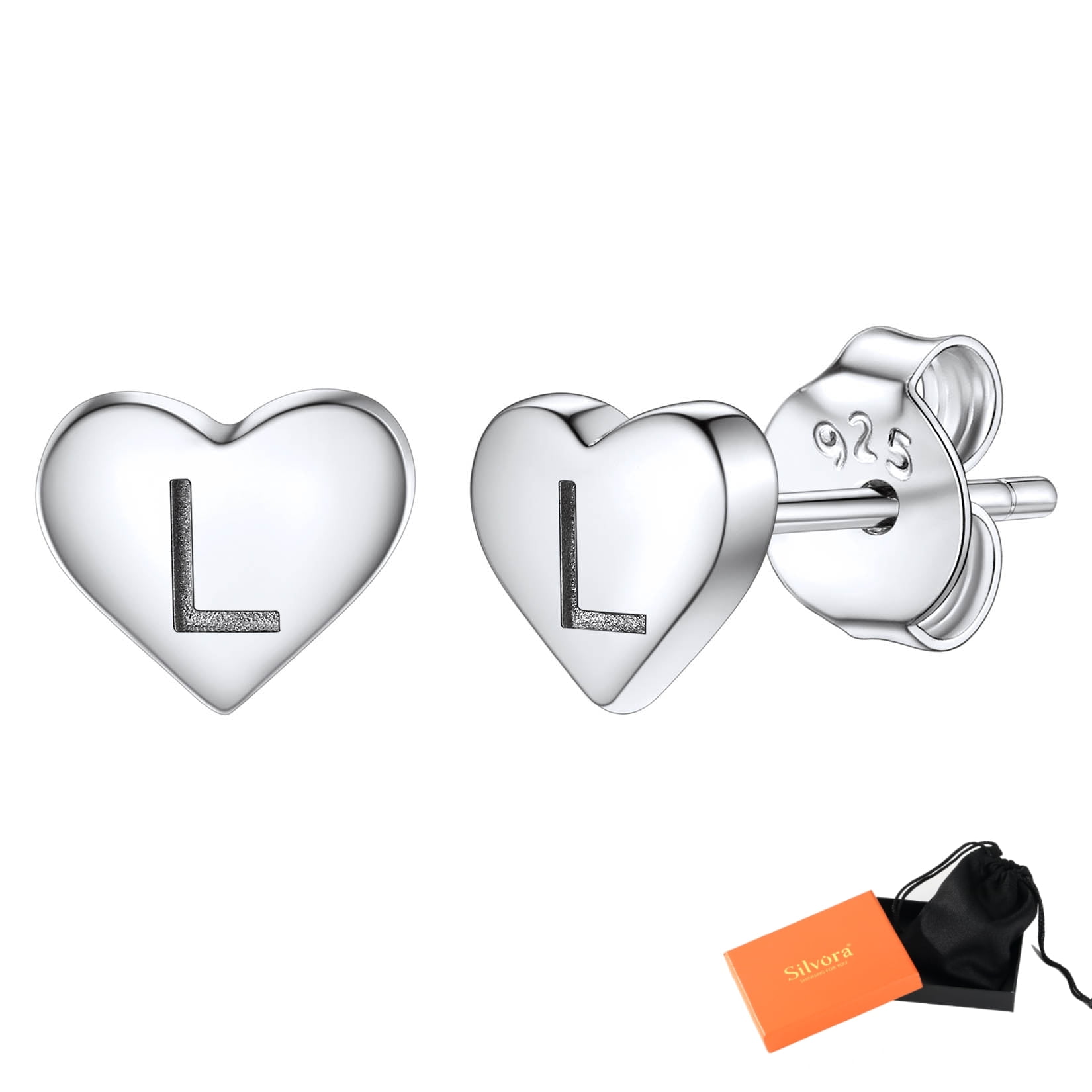 Silvora Initial Heart Earrings Hypoallergenic Sterling Silver Studs Women Tiny Letter A Ear Charms Jewelry Gift for Birthday Mother's Day