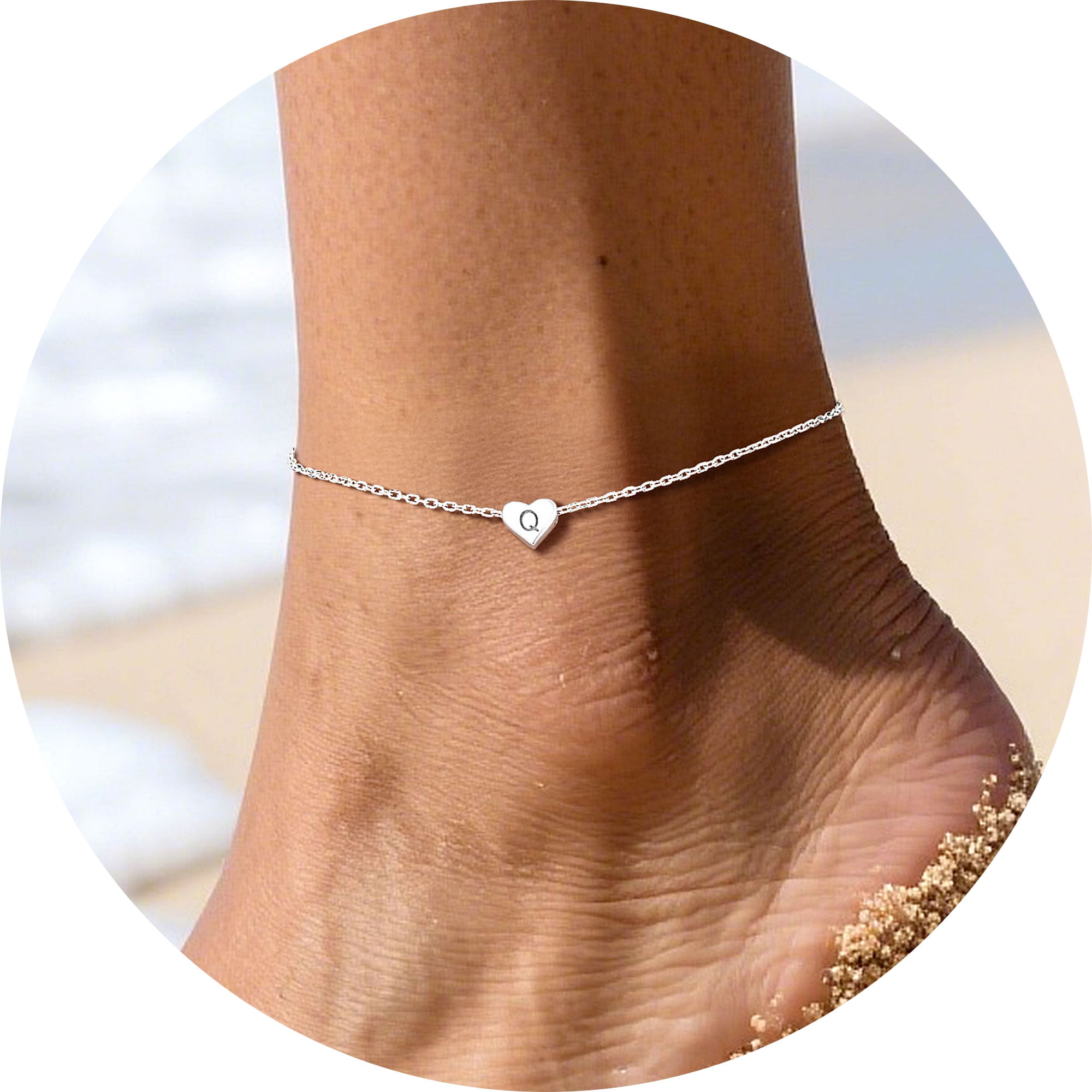 Silvora Sterling Silver Anklet Bracelets for Women, Initial Heart Anklet for Girls Letter A Foot Summer Boho Beach Jewelry Gift