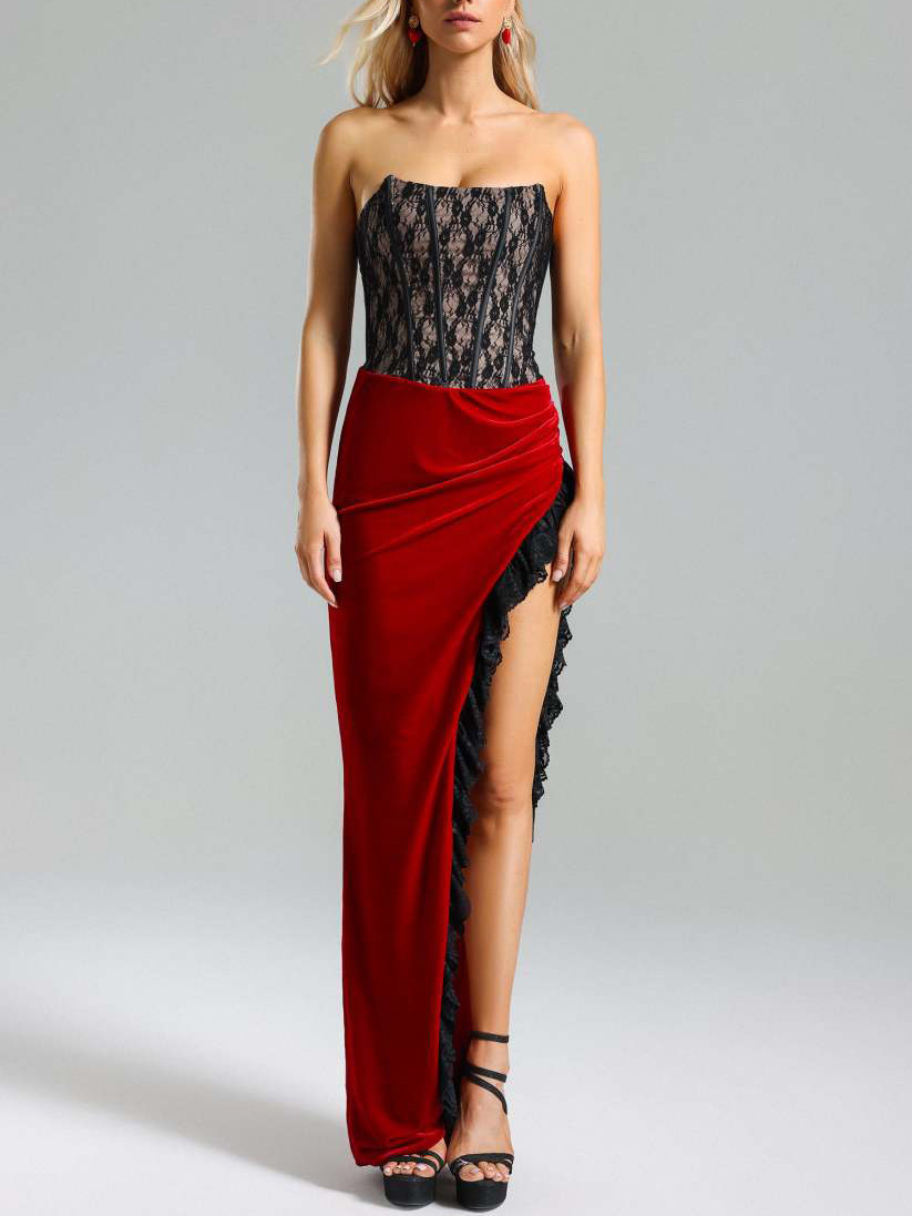 SPLICED Lace Feather Slit Dress in Black And Red