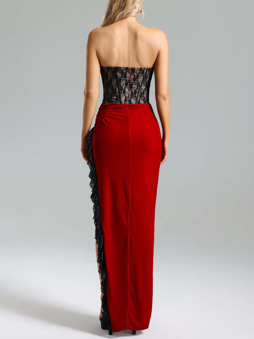 SPLICED Lace Feather Slit Dress in Black And Red