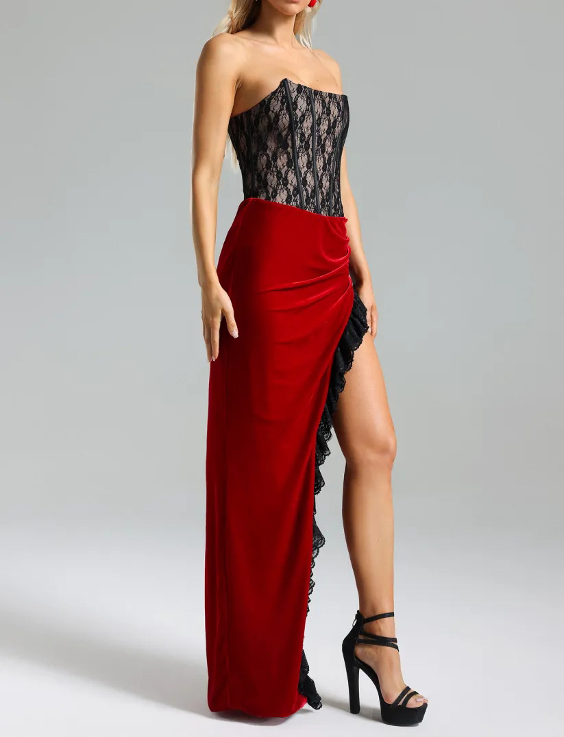 SPLICED Lace Feather Slit Dress in Black And Red