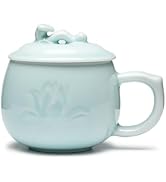 SILINE Longquan Celadon Tea Cup with Lid 11.8 oz/350ml,Green Porcelain Coffee Mug Teacup Lucky Gi...
