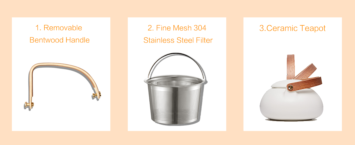 ZENS Japanese Ceramic Infuser Teapot with Cobblestone Shape and Bentwood Handle