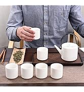 Fine Ceramic Teapot Set,Chinese Suet Jade White Porcelain Tea Pot with 6 Cups, Blooming & Loose L...