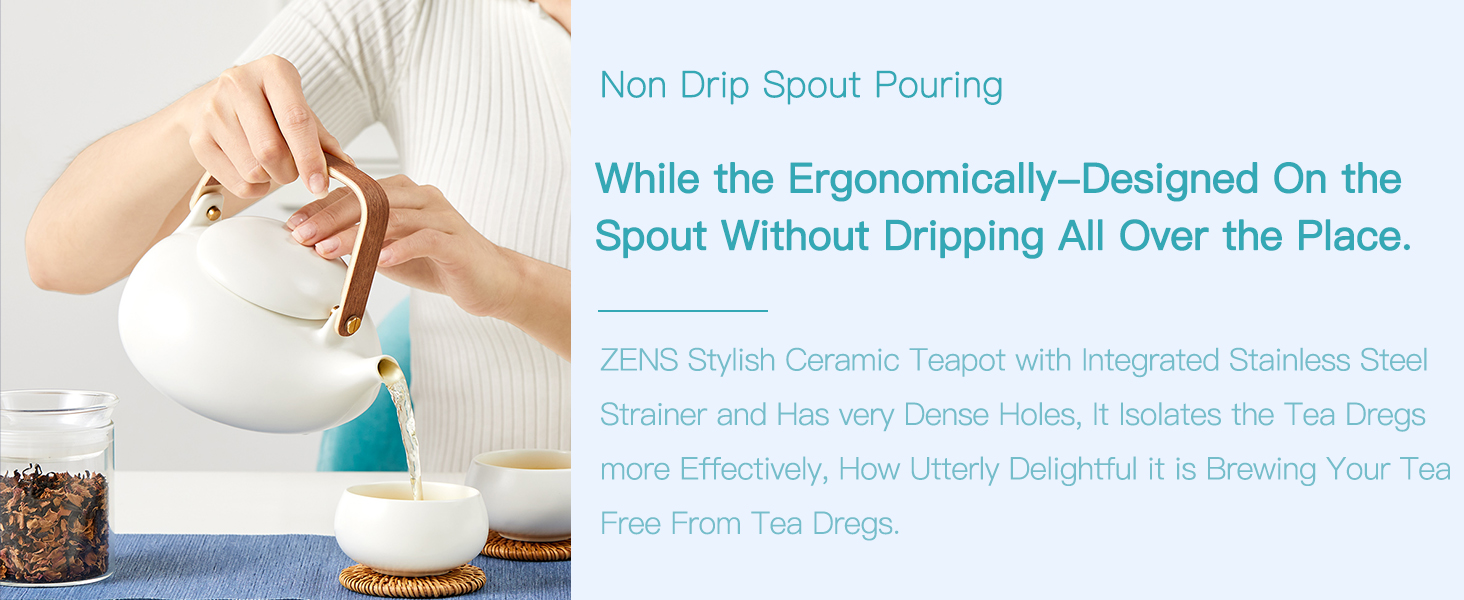 ZENS Japanese Ceramic Infuser Teapot with Cobblestone Shape and Bentwood Handle