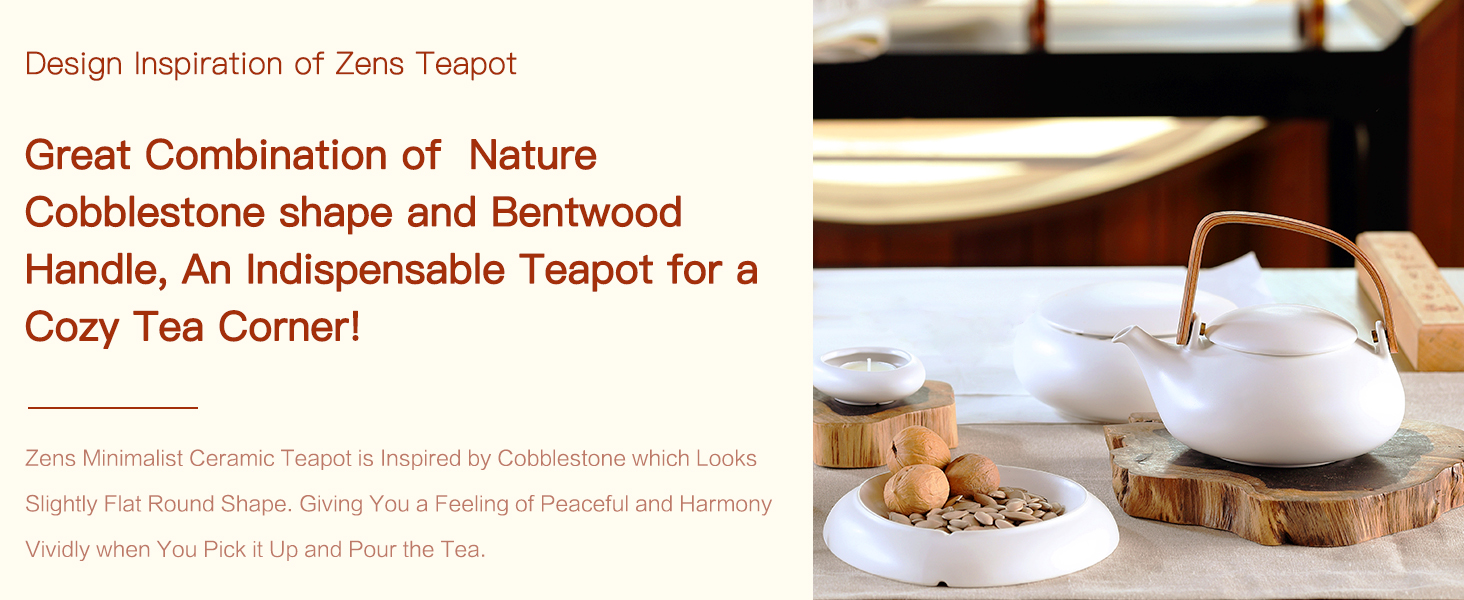 ZENS Japanese Ceramic Infuser Teapot with Cobblestone Shape and Bentwood Handle