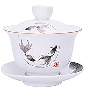 Porcelain Gaiwan 8oz Teacup White Glazed Tureen Chinese Sancai Cover Bowl Lip Cup Saucer Set (Fish)