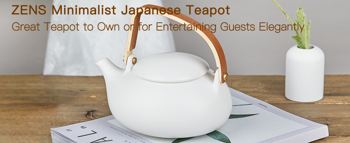 ZENS Japanese Ceramic Infuser Teapot with Cobblestone Shape and Bentwood Handle