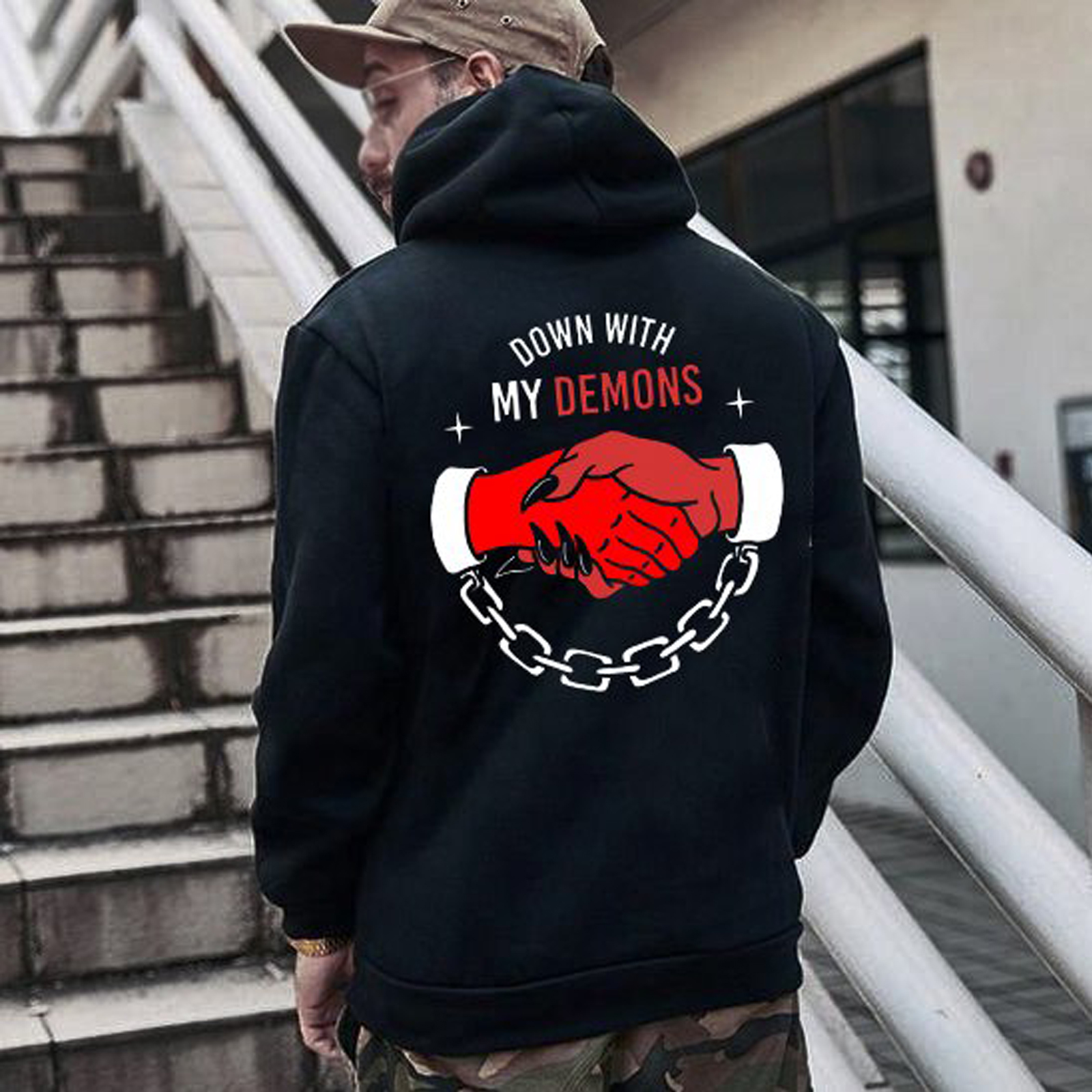  Down With My Demons Handshake Printed Stylish Hoodie