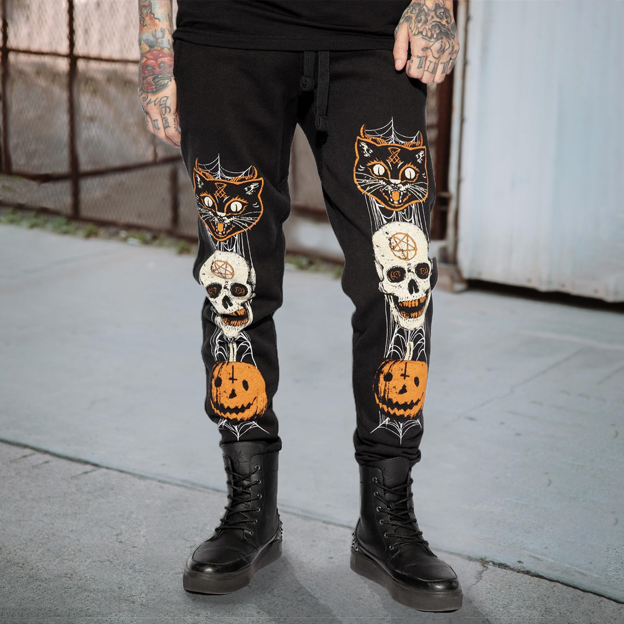Feline Spooky Print Men's Sweatpants-Ranbybox