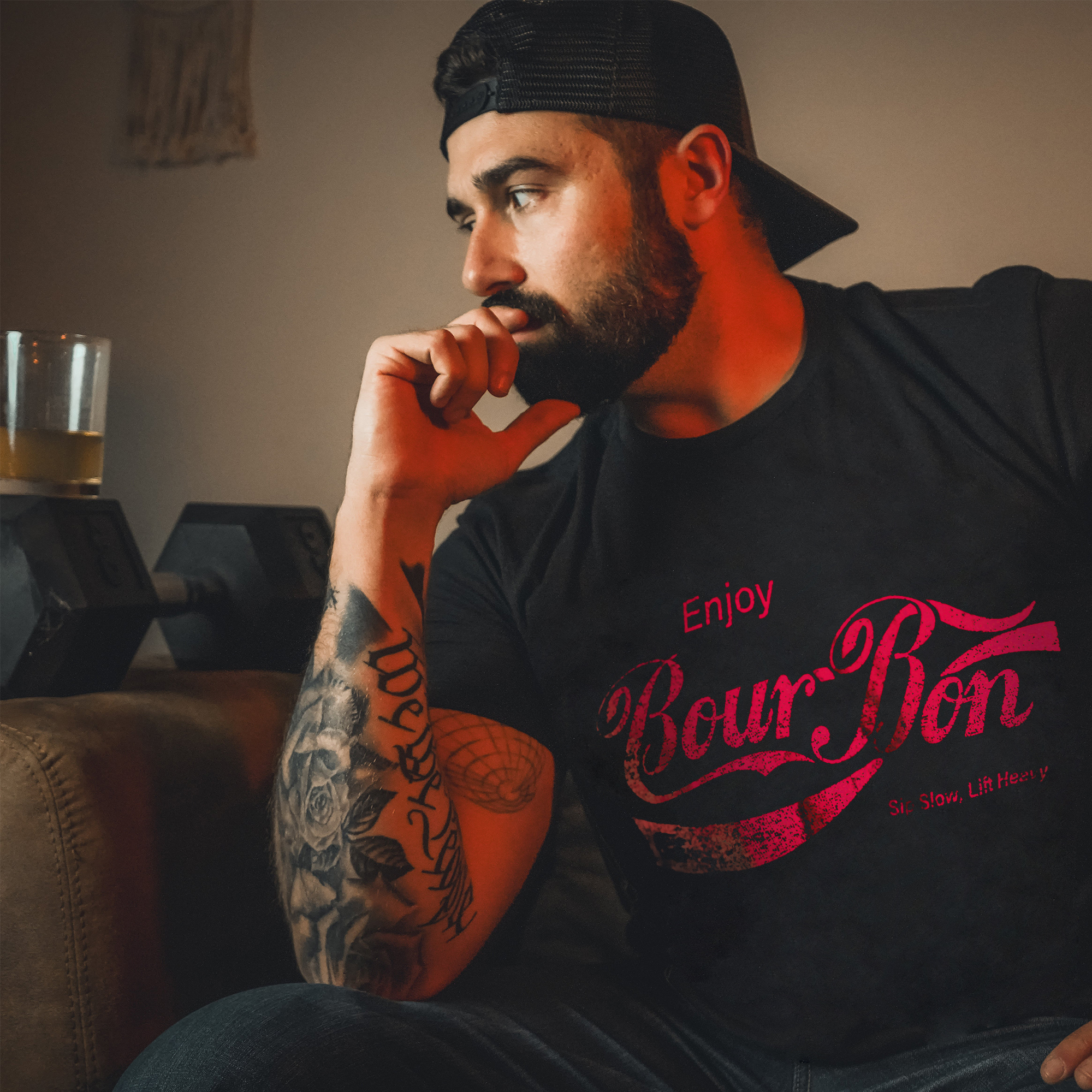 Enjoy Bourbon, Sip Slow, Lift Heavy Printed Men's T-shirt-Ranbybox