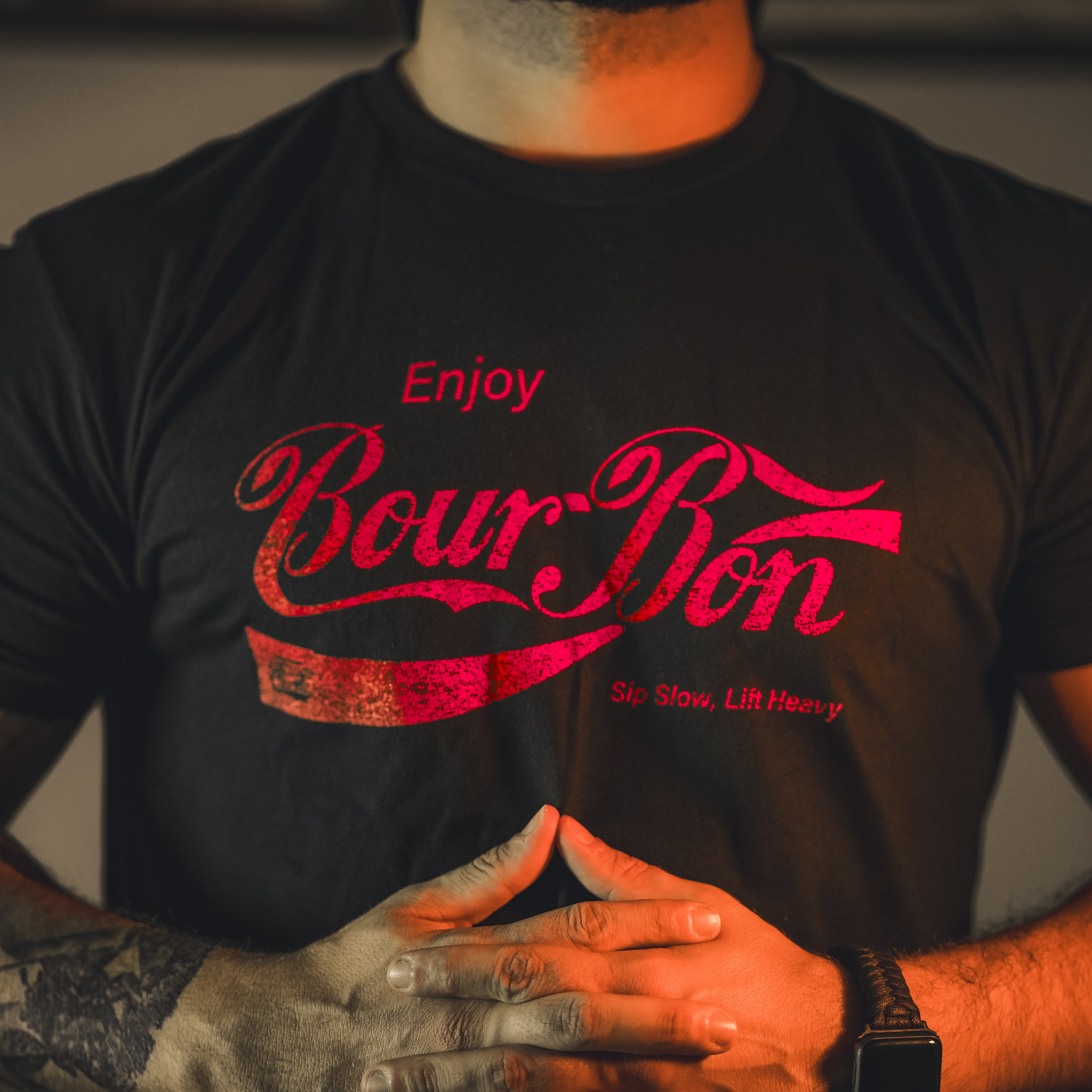 Enjoy Bourbon, Sip Slow, Lift Heavy Printed Men's T-shirt-Ranbybox