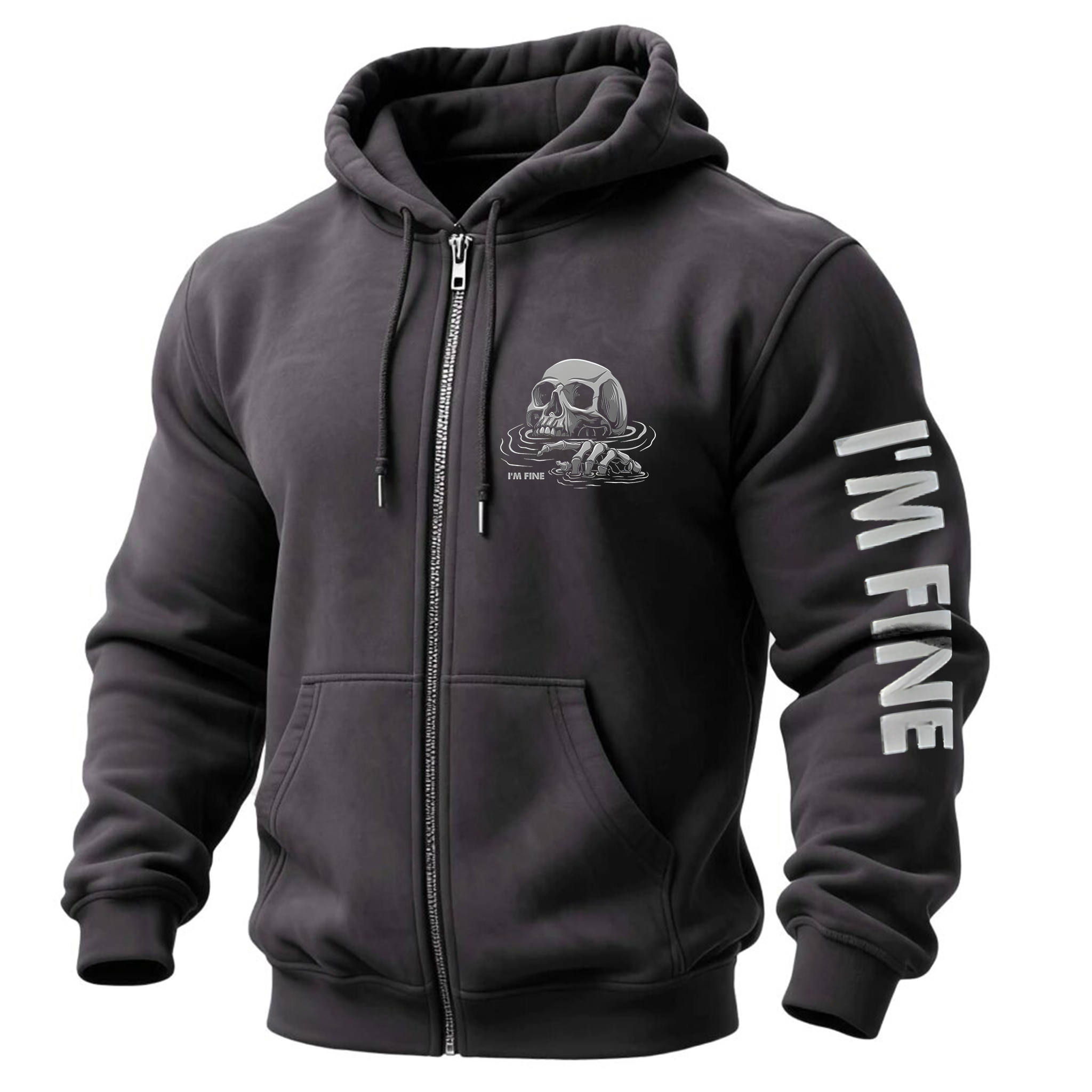 I'm Fine Skull Printed Zippered Hooded Fleece Cardigan