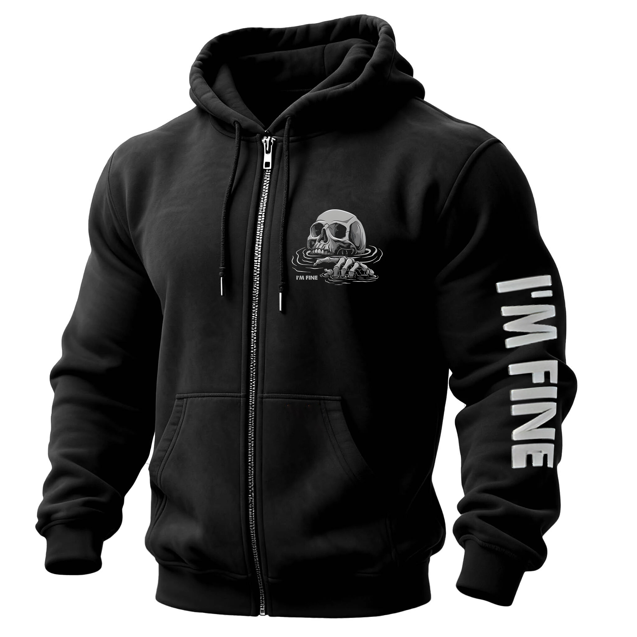 I'm Fine Skull Printed Zippered Hooded Fleece Cardigan