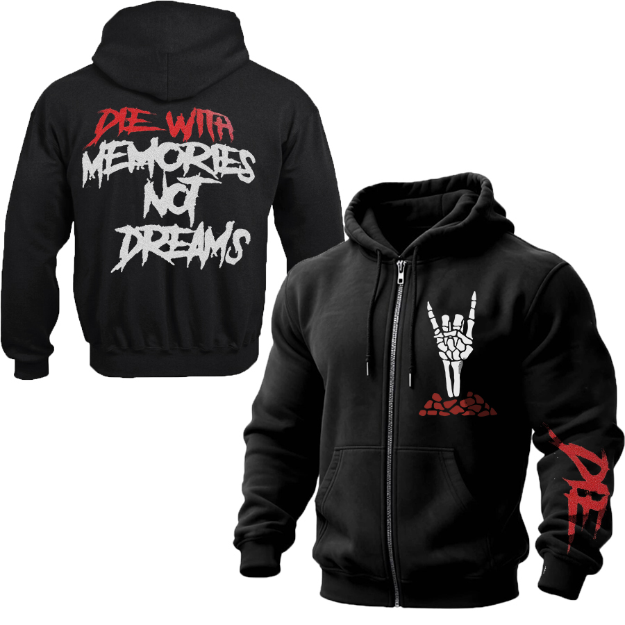 Die With Memories Not Dreams Printed Zippered Hooded Fleece Cardigan Image - 1
