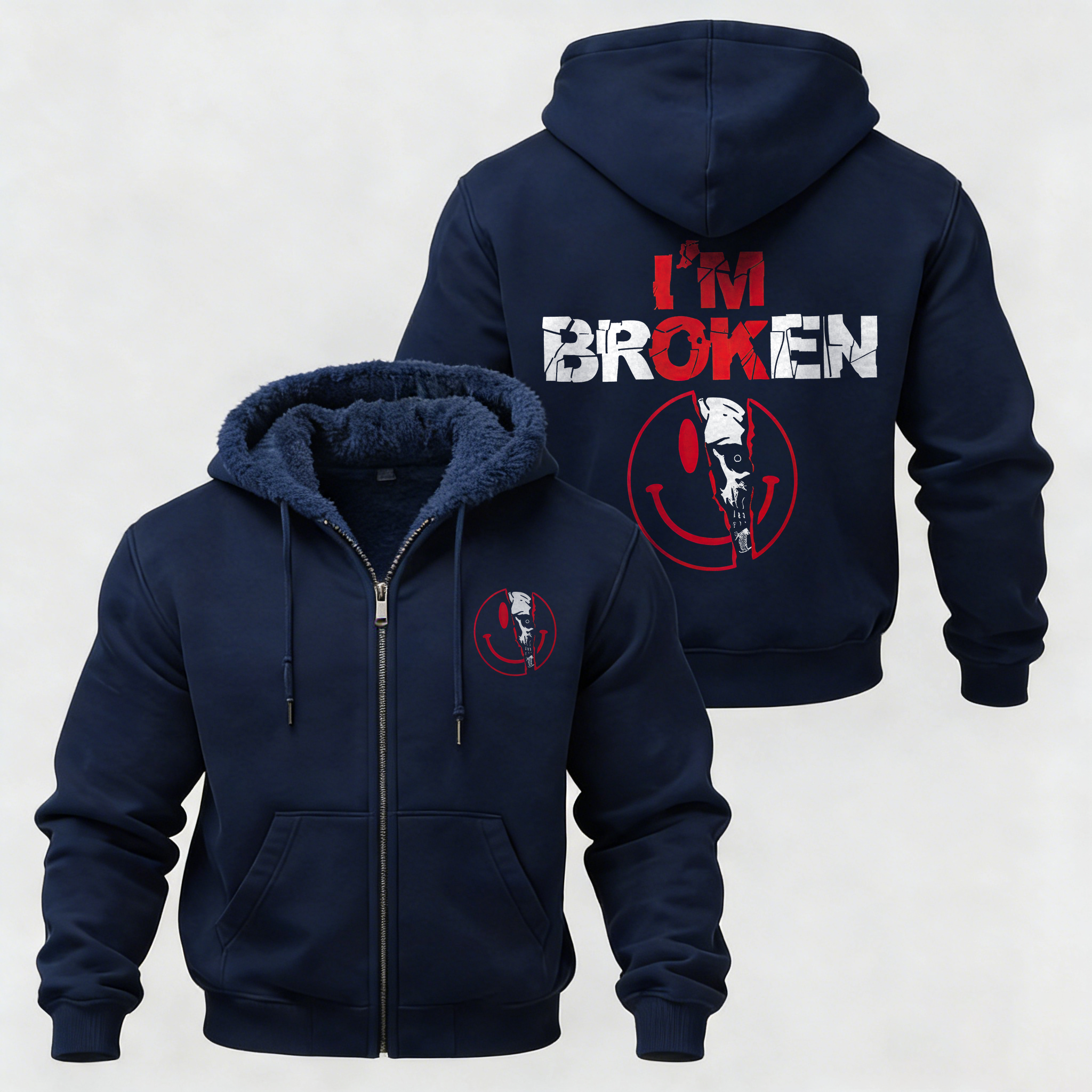 I'm Ok I'm Broken Printed Zippered Hooded Fleece Cardigan Image - 5