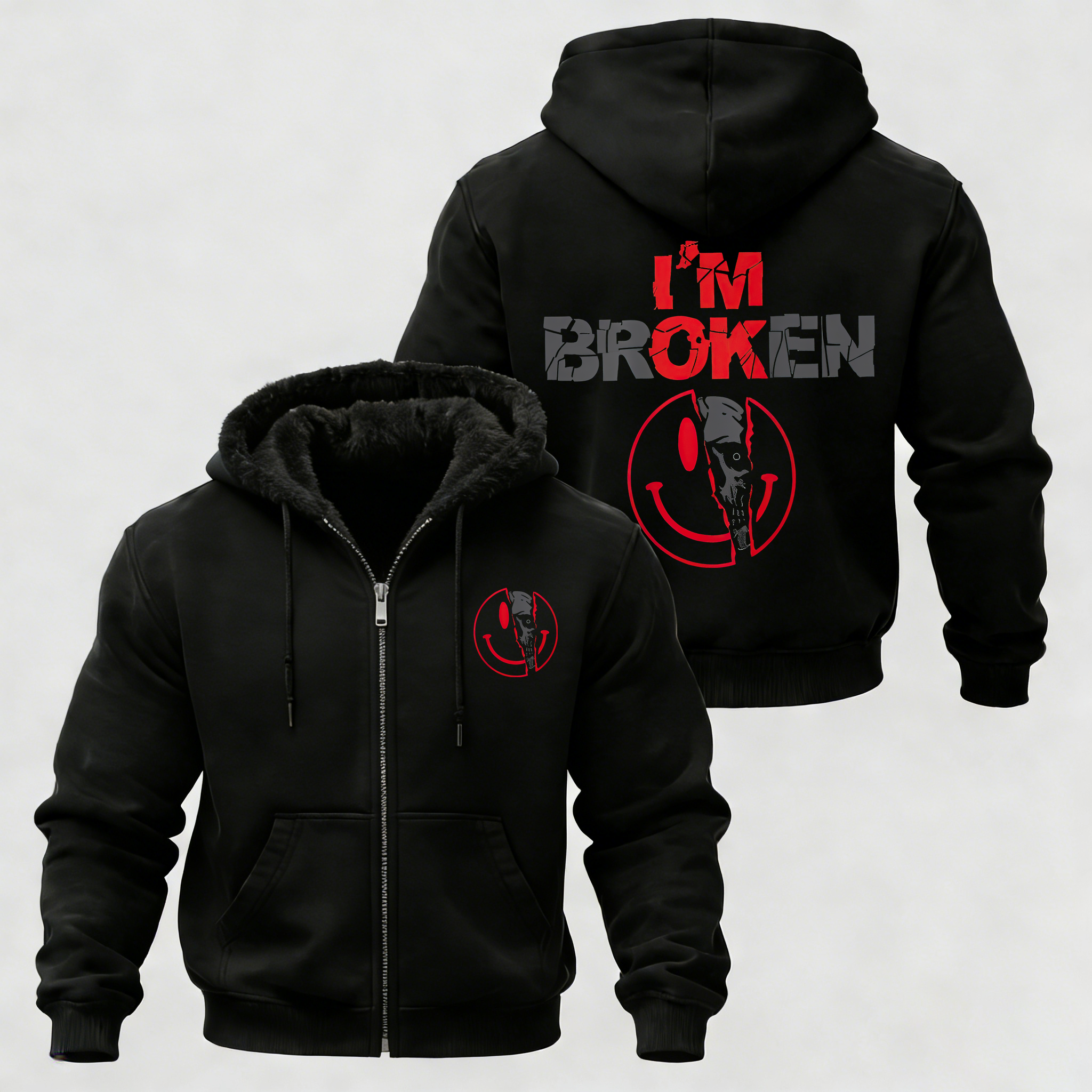 I'm Ok I'm Broken Printed Zippered Hooded Fleece Cardigan Image - 1
