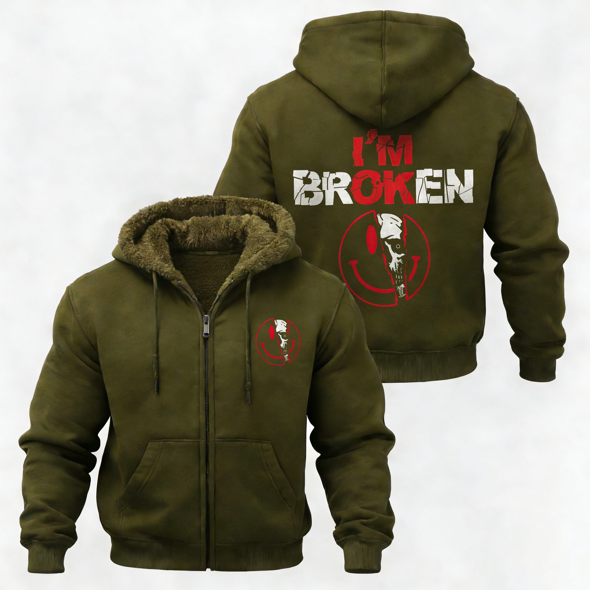 I'm Ok I'm Broken Printed Zippered Hooded Fleece Cardigan Image - 8