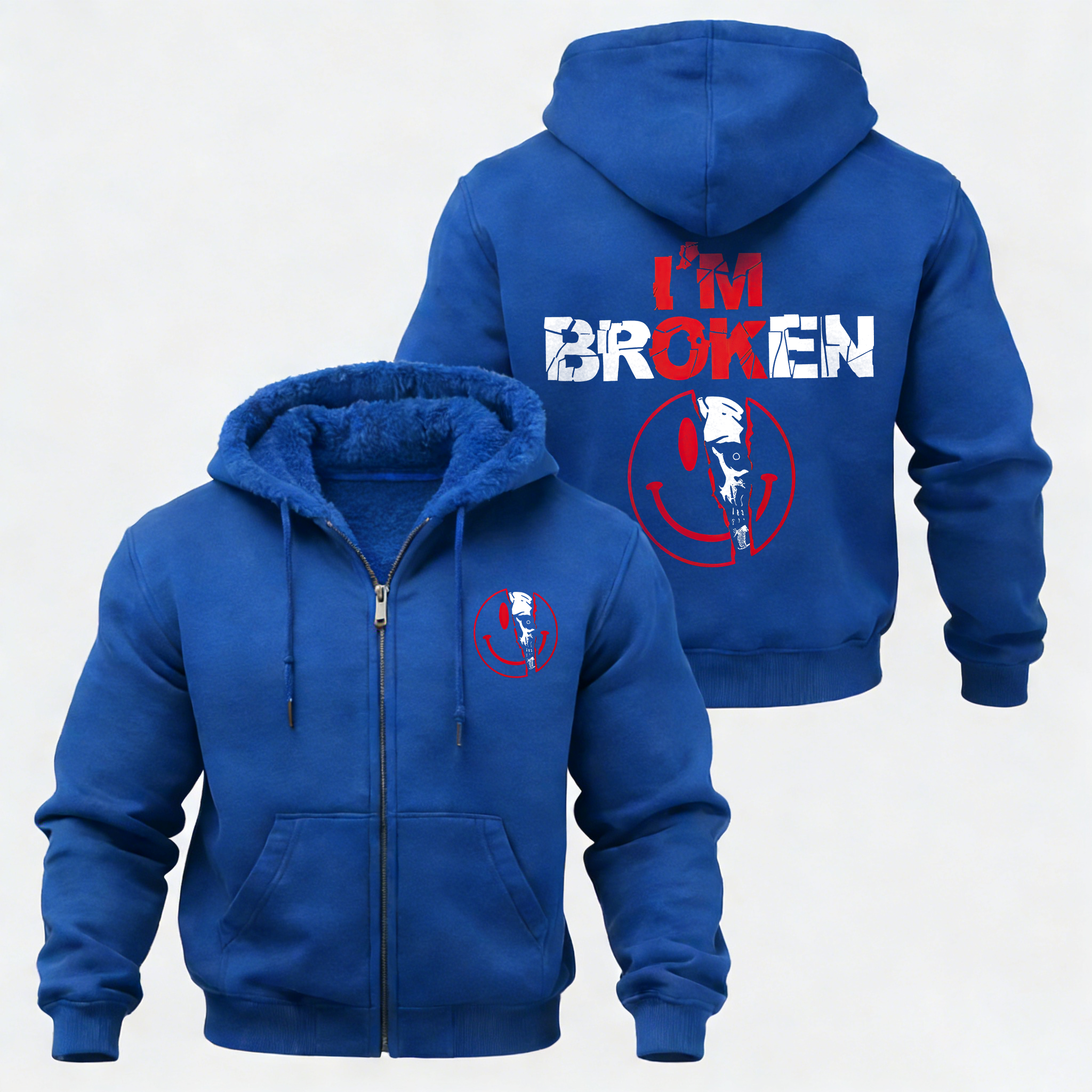 I'm Ok I'm Broken Printed Zippered Hooded Fleece Cardigan Image - 6