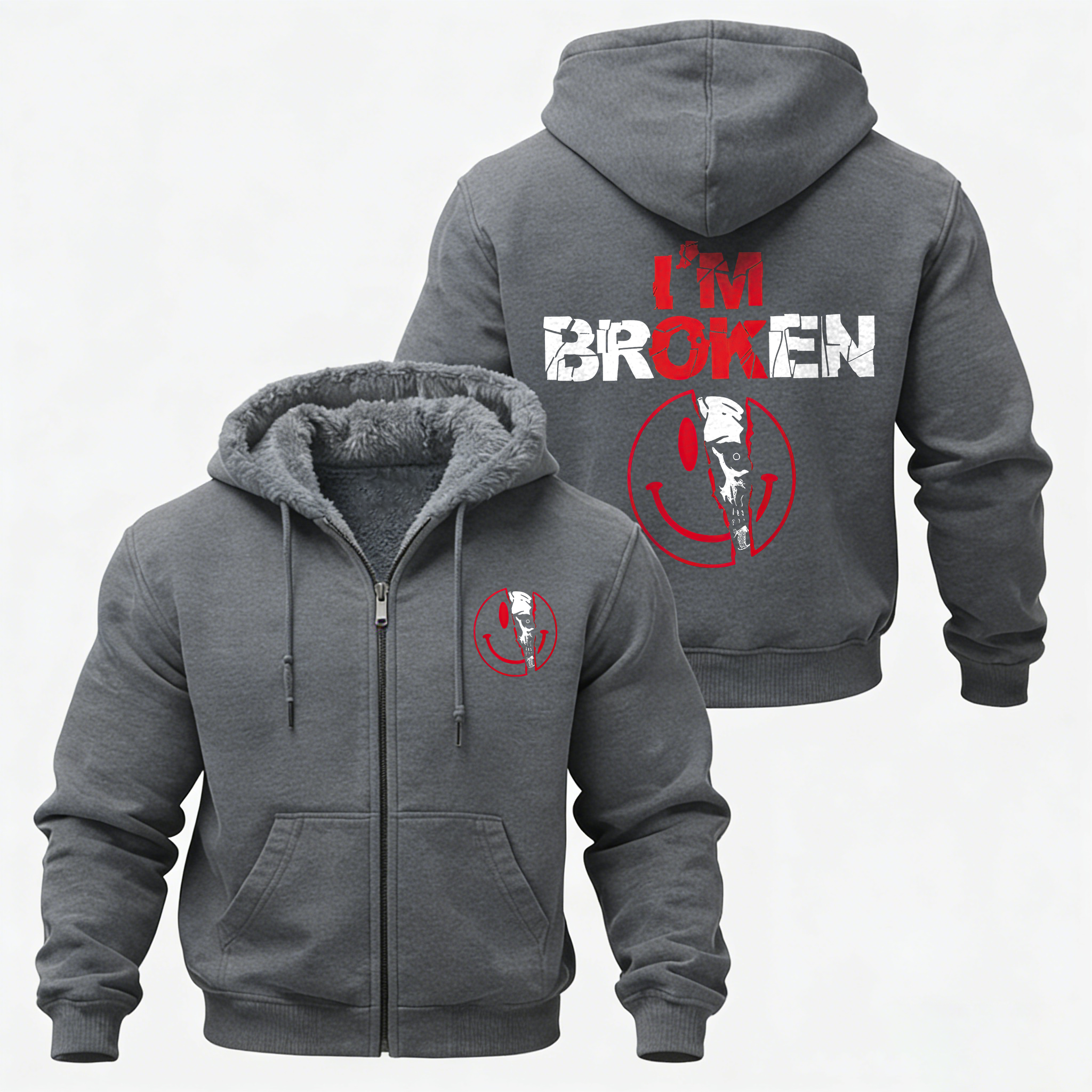 I'm Ok I'm Broken Printed Zippered Hooded Fleece Cardigan Image - 7