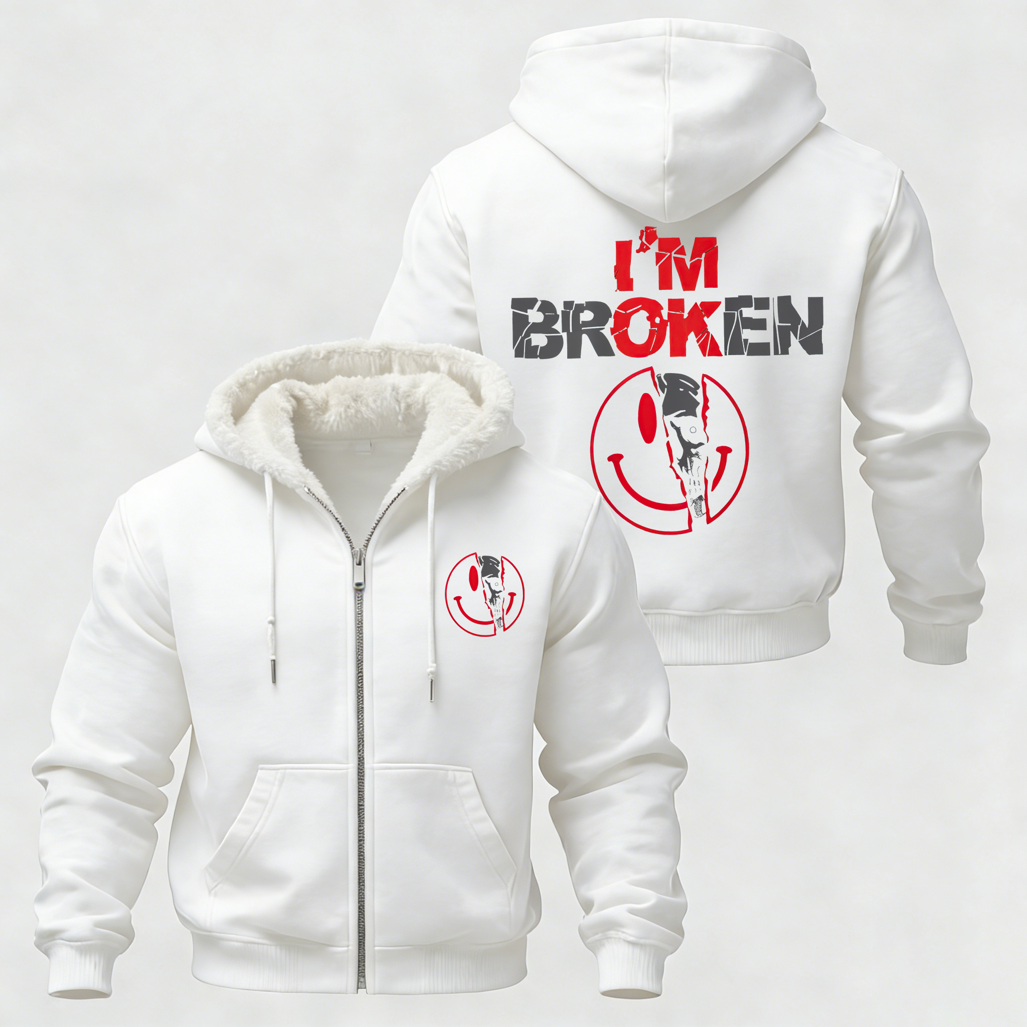 I'm Ok I'm Broken Printed Zippered Hooded Fleece Cardigan Image - 4
