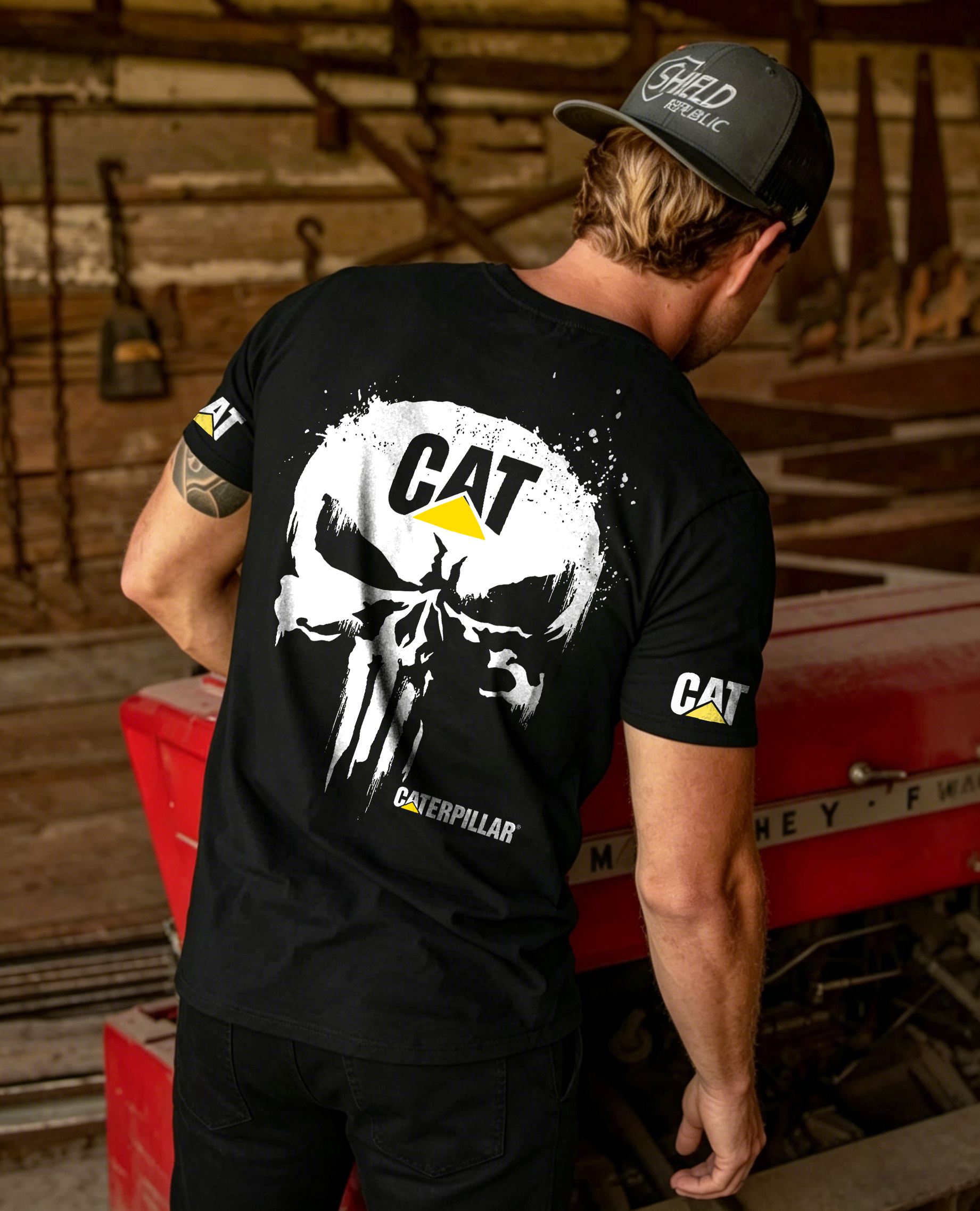 CAT Excavator Skull Printed Men's T-Shirt Image - 4