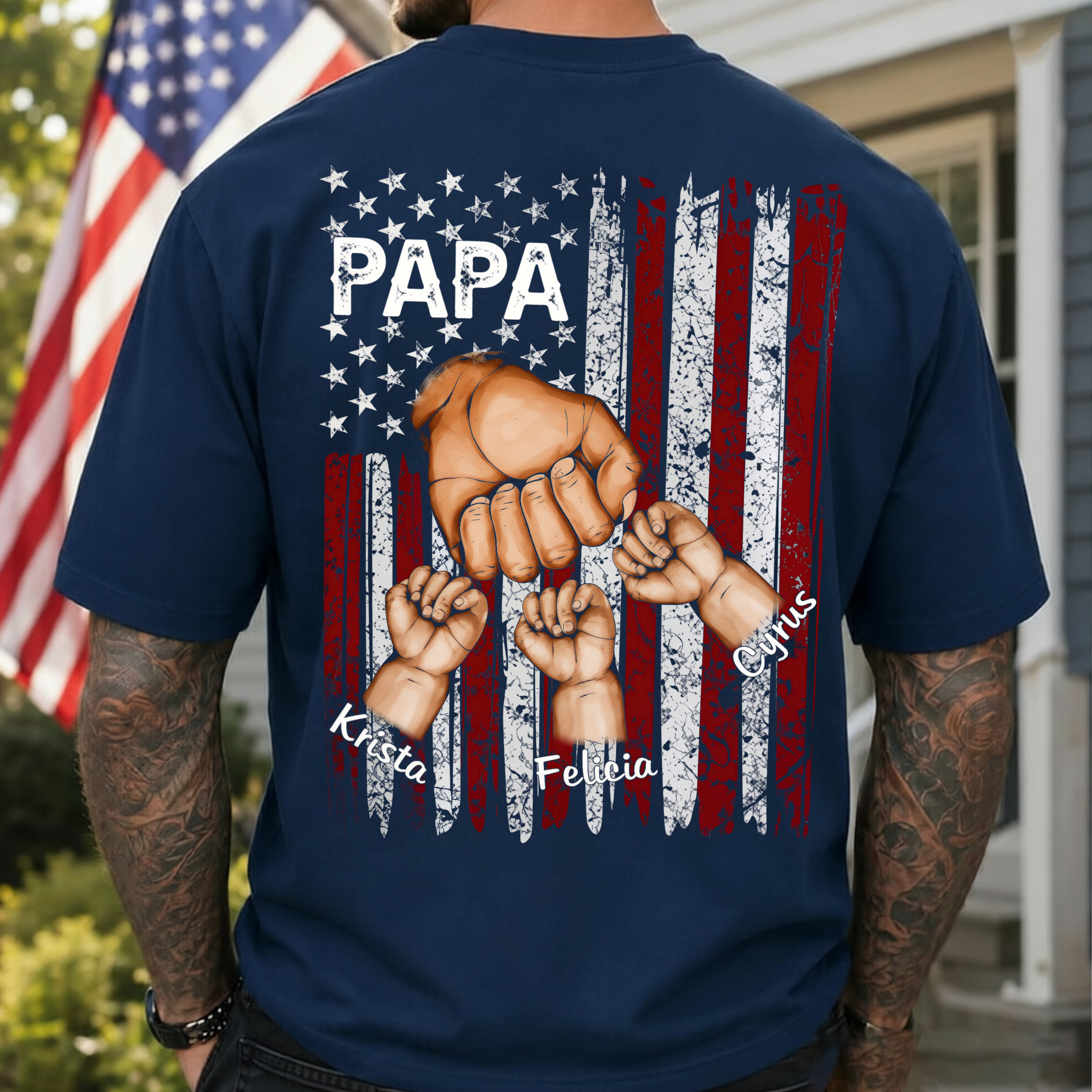 Old School Patriotic Grandkids Names Fist Bump Printed Men's T-shirt Image - 4