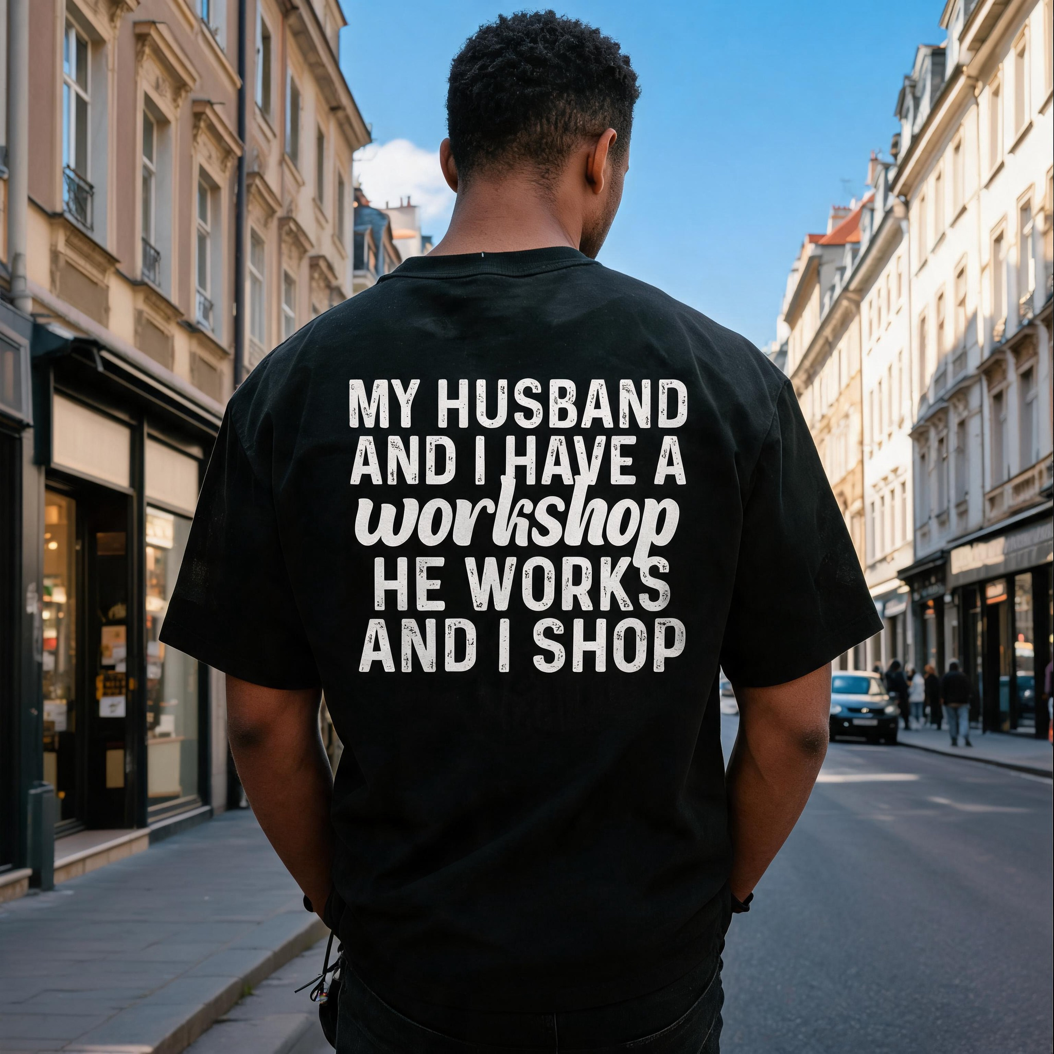 My Husband And I Have A Workshop He Works And I Shop Printed Men's T-Shirt Image - 1