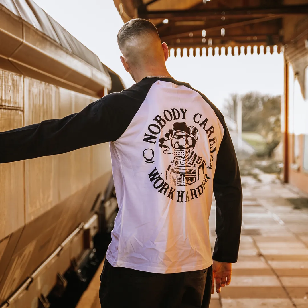 Nobody Cares Work Harder Skull Printed Patchwork T-Shirt