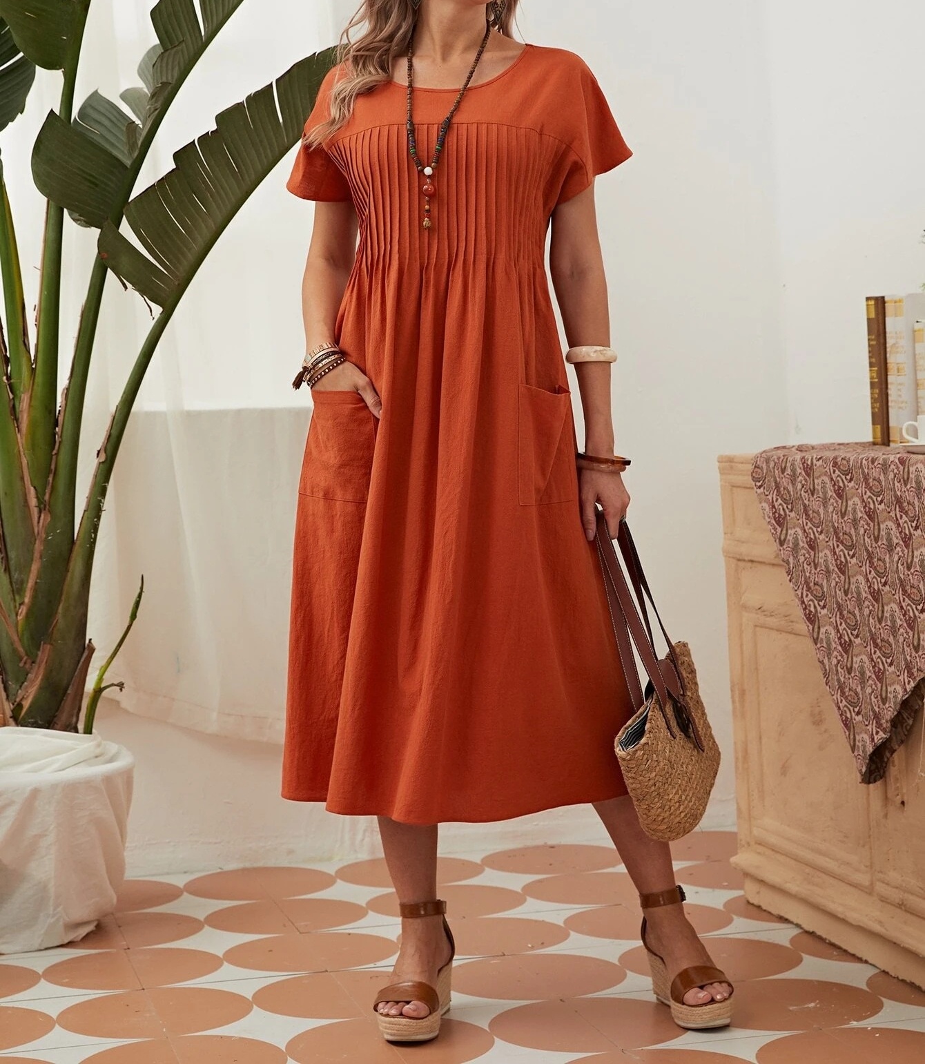 2024 spring and summer women's long skirt new round neck pocket pleated short-sleeved cotton and linen dress