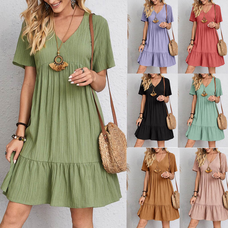 2024 Women's Popular Summer Loose Casual Short-Sleeved Belted Flowing Dress