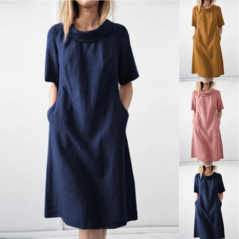 2024 Ladies Spring and Summer New Casual Loose Cotton and Linen Short Sleeve Round Neck Dress
