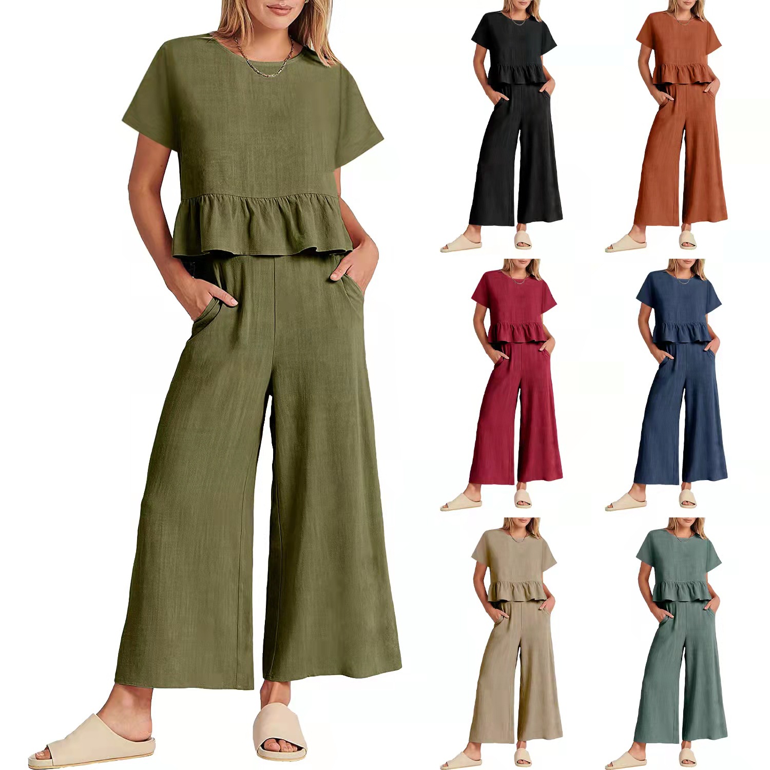 2024 Women's New Summer Short-Sleeved Pleated Wide-Leg ninth pants casual suit